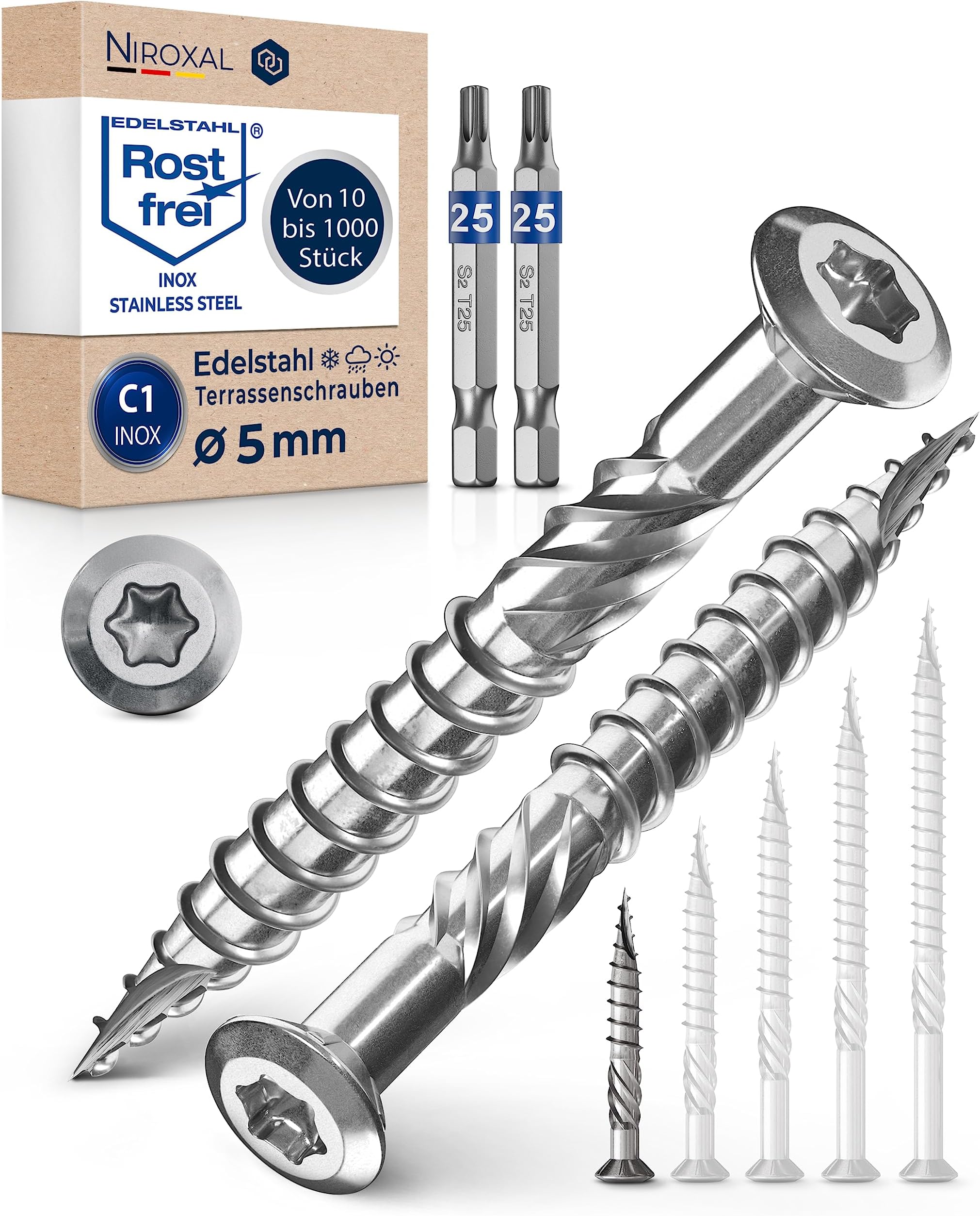 1000 x C1 Stainless Steel Deck Screws with Lenticular Head Cutting Notch and Stripping Fins for Wood Pack of 1000 Torx Screws 40 mm Long + 2 Hexagonal Torx Bits