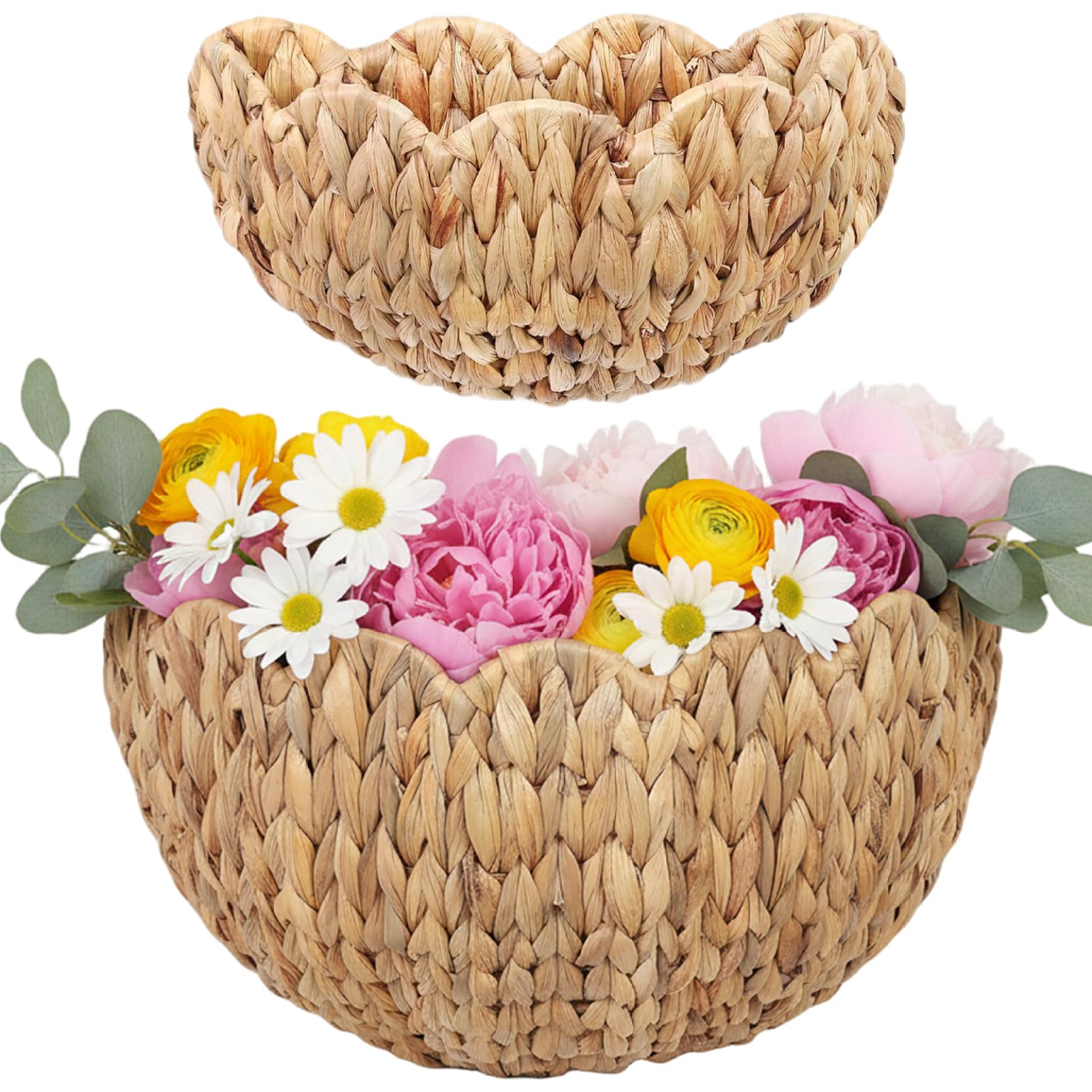 Wicker Wall Baskets, Scalloped Wall Basket, Natural Wicker Hanging Baskets for Home Decor, Handwoven Rattan Storage Basket for Flowers, Bathroom, Nursery, Small+Large, Decor