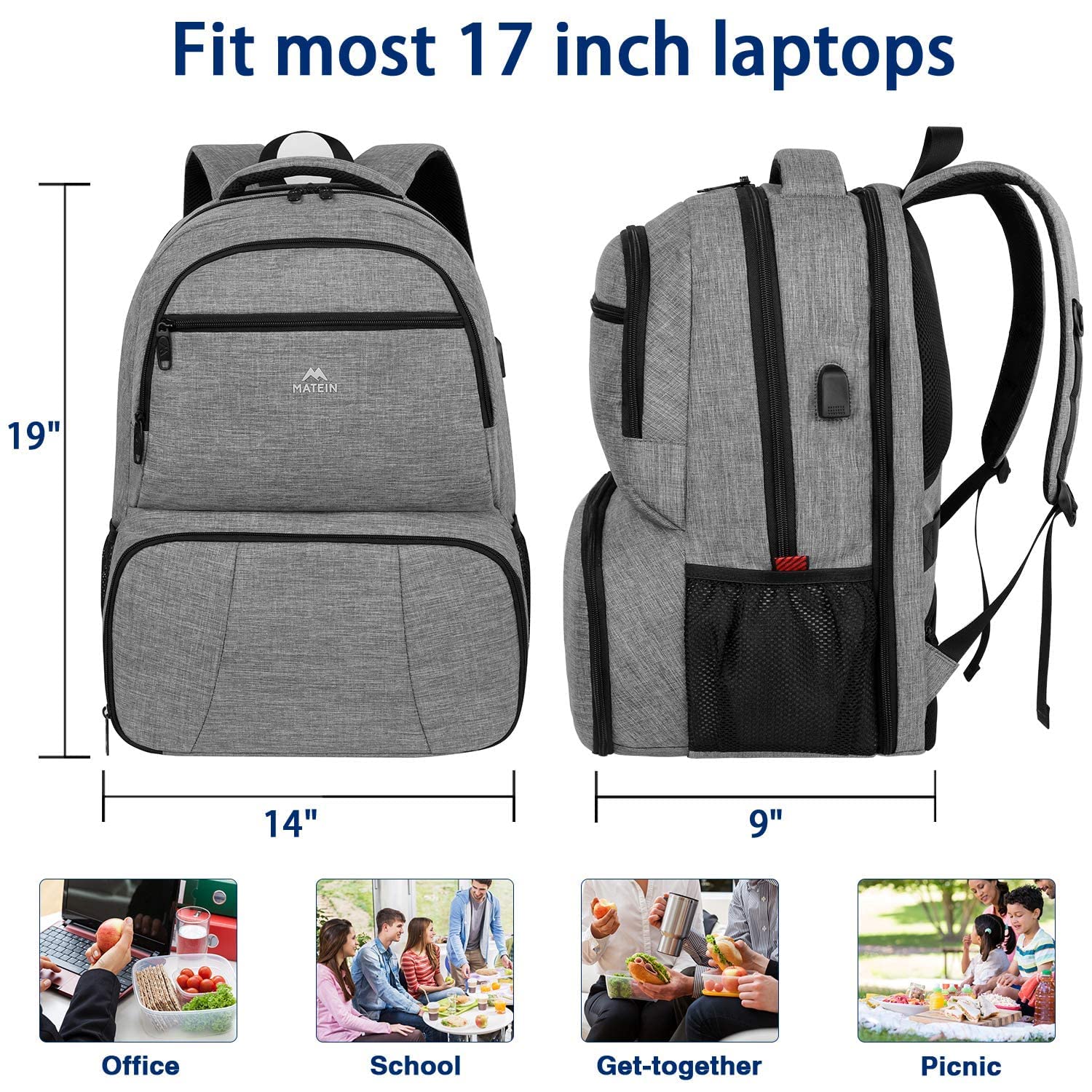 Buy MATEIN Lunch Backpack for Men, 17 inch Insulated Cooler Backpack Lunch Box Bag with USB