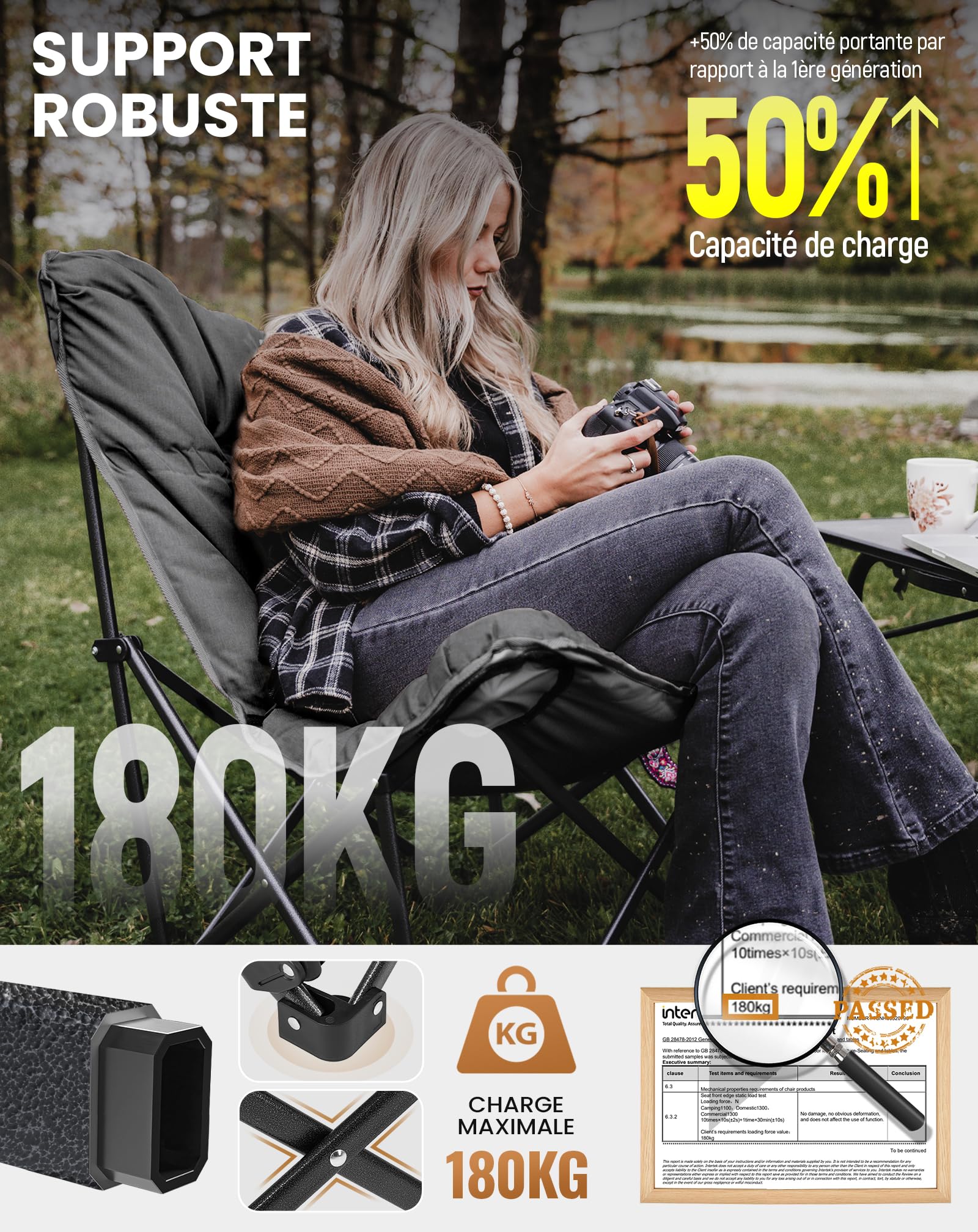 KingCamp Chaise de Camping Pliable Ergonomique, Rembourrée Confort, 136kg | XXL Luxe, Rembourrage Épais, Lavable, Dossier Haut, pour Camping, Jardin, Balcon, Pêche, Festival, Intérieur
