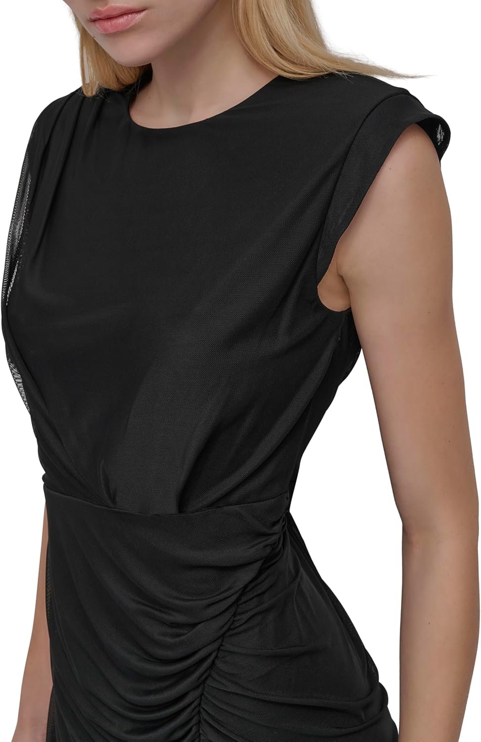 DKNY Women's Sleeveless Jewel Neck Shoulder Pads Side Slit Midi Dress - Image 3