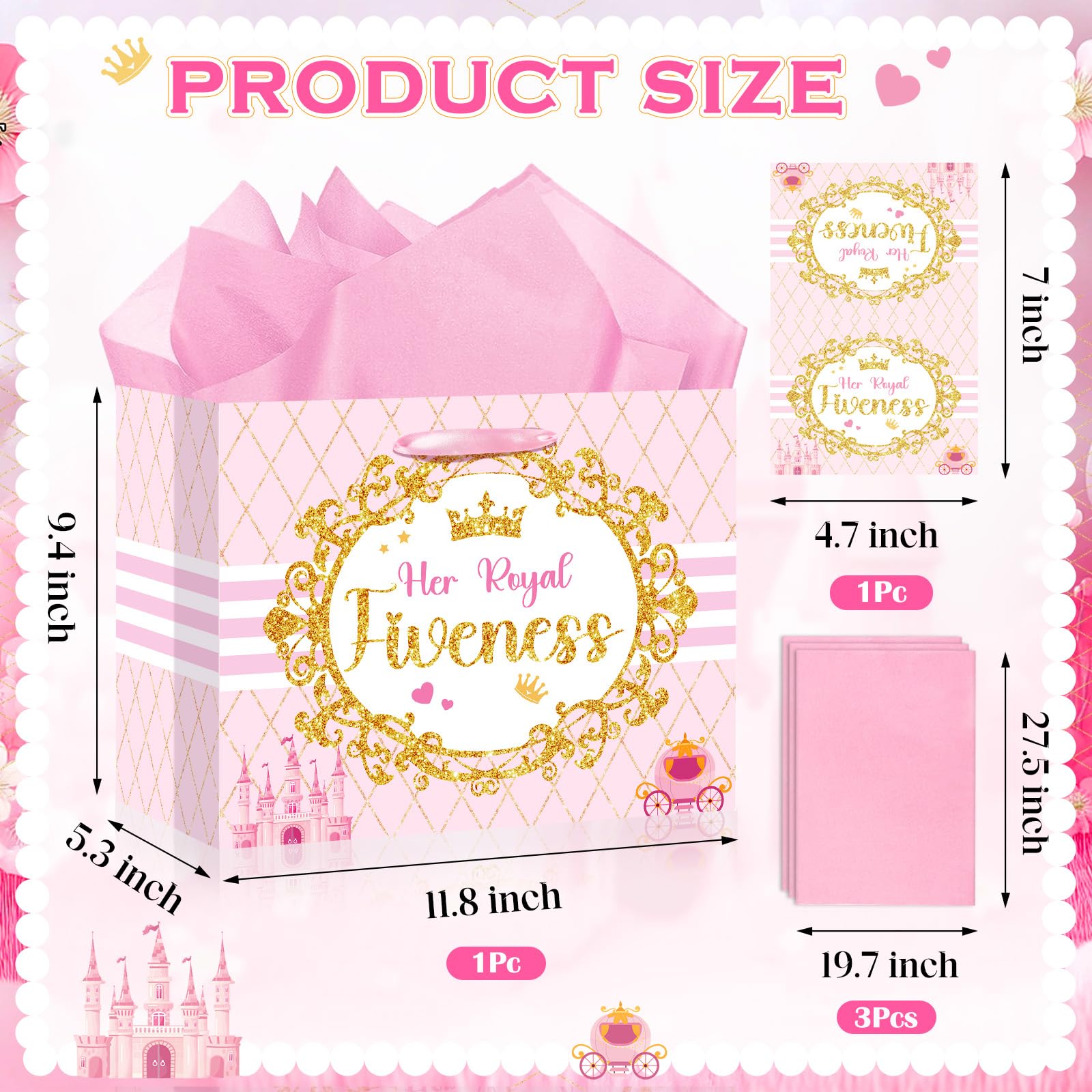 Princess Gift Bags Pink Happy 5th Birthday Party Favors Bag Princess Birthday Party Decorations with Wrapping Tissue Paper and Greeting Card for 5 Year Old Girls Kids Baby Shower Party Supplies Decor