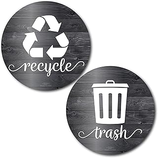 Farmhouse Recycling Stickers for Trash Can & Bins, 3.5" Recycle Stickers for Trash Bins, Laminated Recycle Sticker for Kitchen Garbage Can Recycling Bin Combo, Made in USA, Rustic Black Wood
