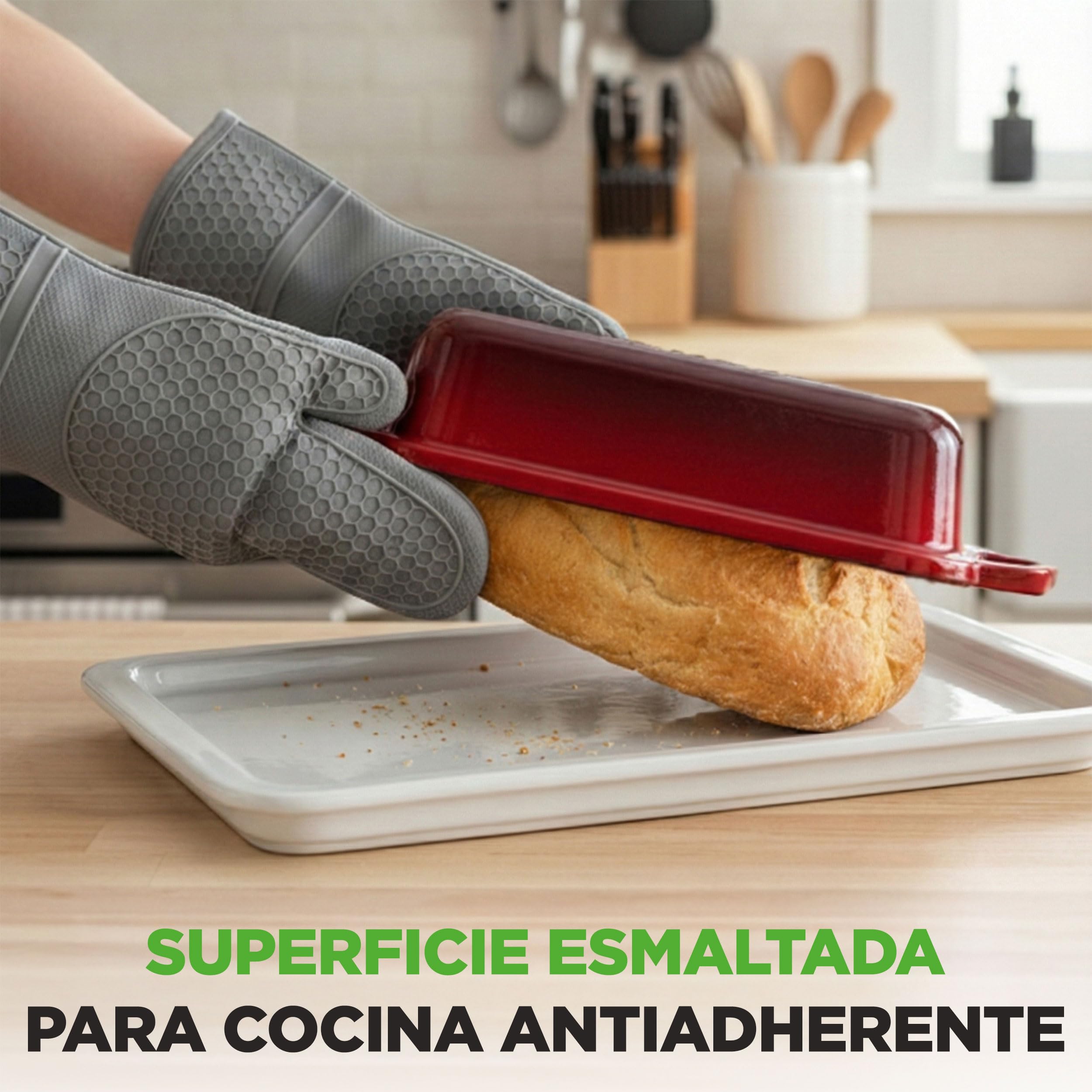 NutriChef horno holandés rectangular para masa madre, Molde para pan con tapa, Hierro fundido esmaltado, Con guantes de silicona para pan artesanal, 35 cm