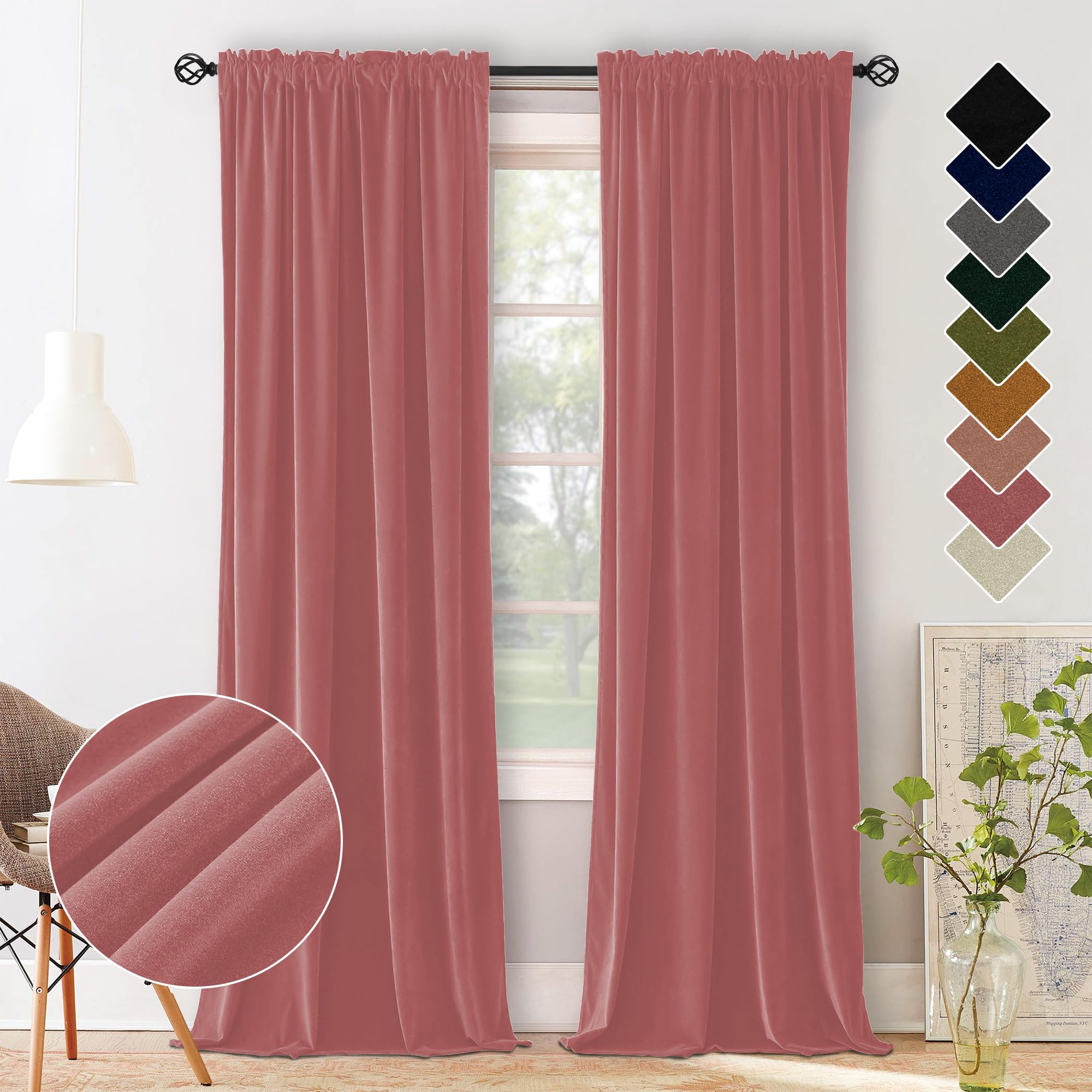 CUCRAF Dusty Rose Velvet Curtains 84 inches Long, Soft Room Darkening Rod Pocket Privacy Curtain, Thermal Insulated Noise Reduction Window Drapes for Living Room Bedroom (52 x 84 Inch, 2 Panels)