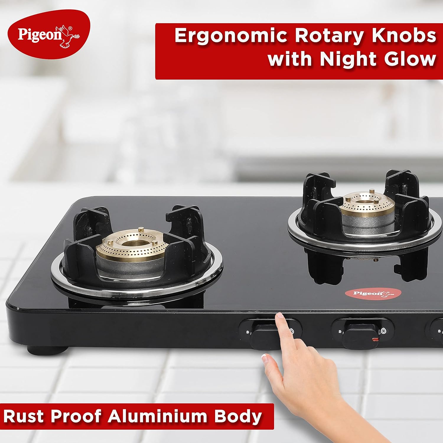 Pigeon Sleek 3 Burner Ultra Slim Gas Stove Glass-Top Manual ignition