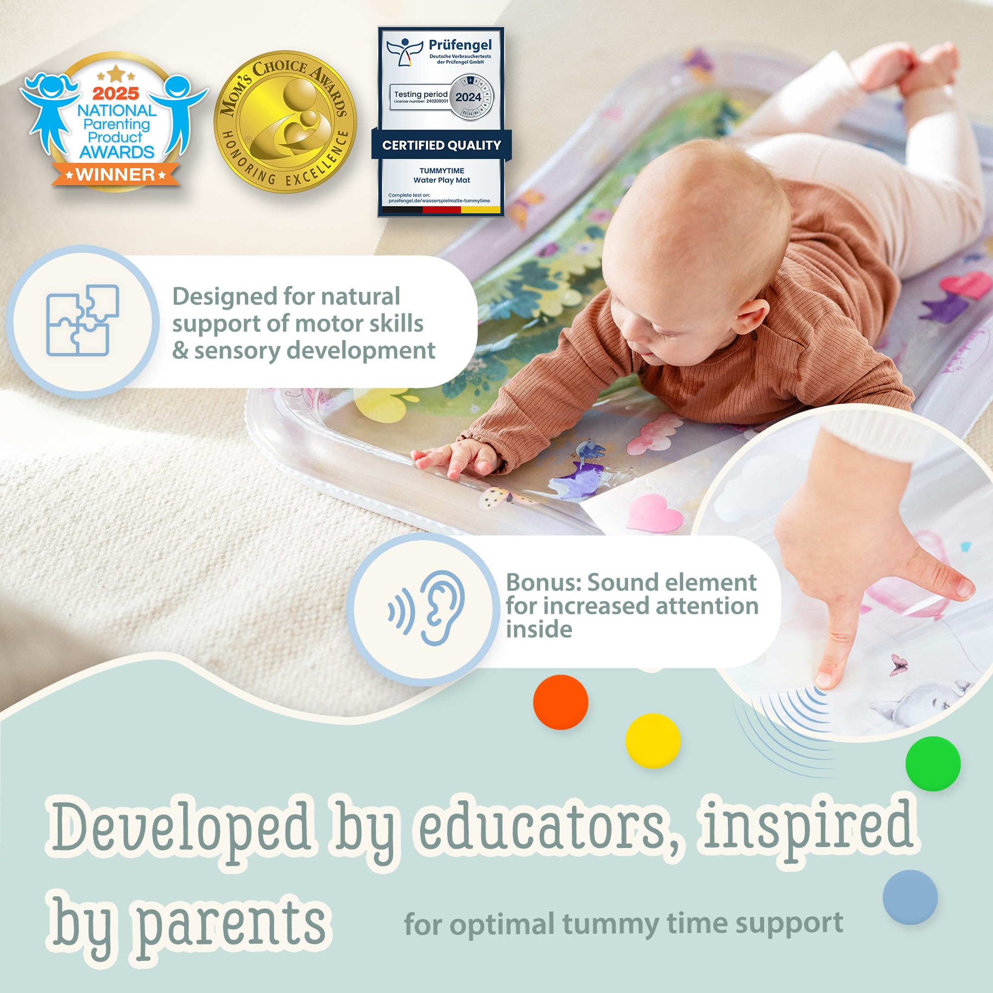 Mata wodna XXL TummyTime od Freudeskind – Nadmuchiwana mata do zabawy dla niemowląt – od 0-36 miesięcy – Sensoryczna mata Montessori – Zabawka na czas leżenia na brzuszku