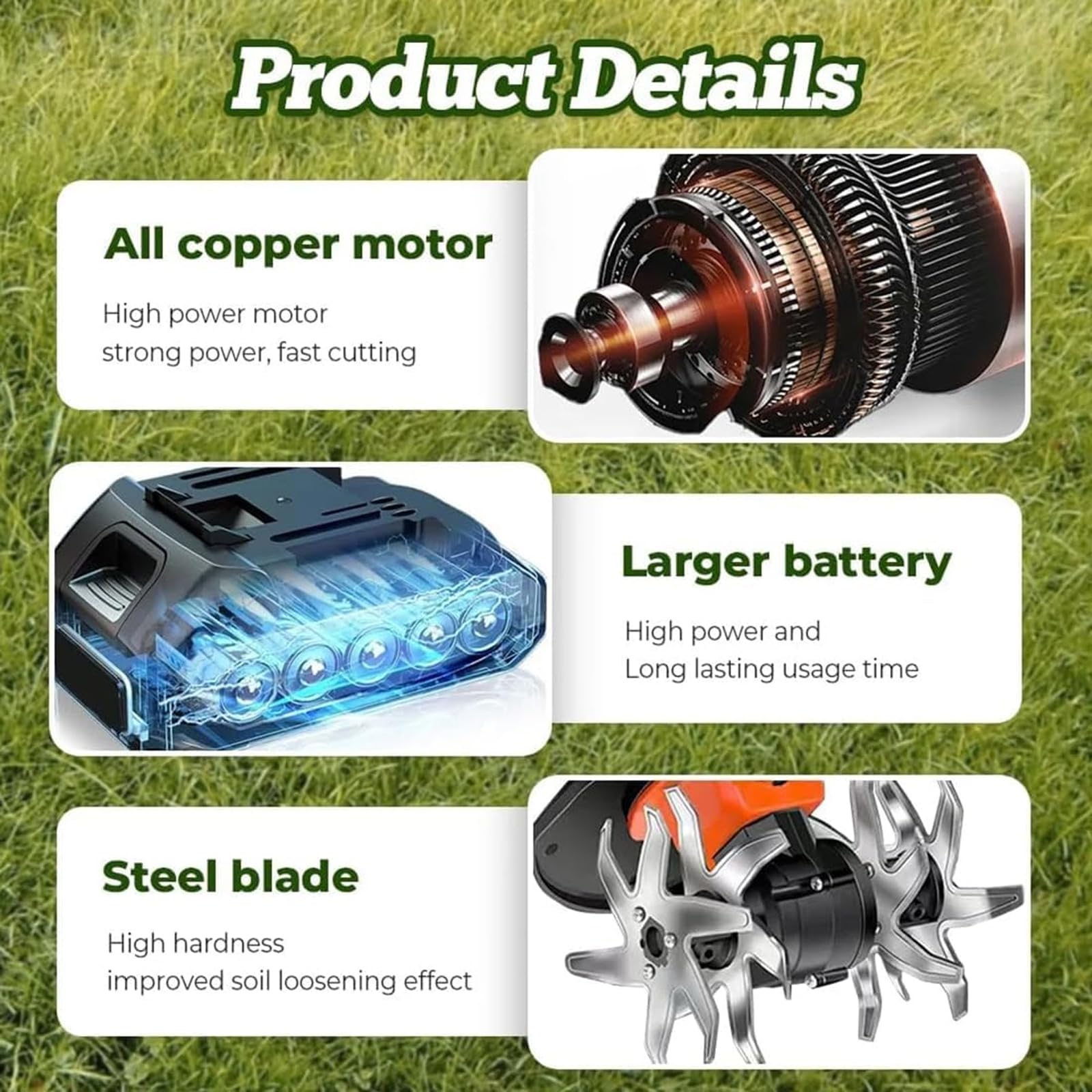 Motoazada Inalámbrica 21V para Jardinería, Cultivador Eléctrico 235 RPM con 2 Baterías Y Cargador, Ancho 13 Cm, Profundidad 10 Cm (B)