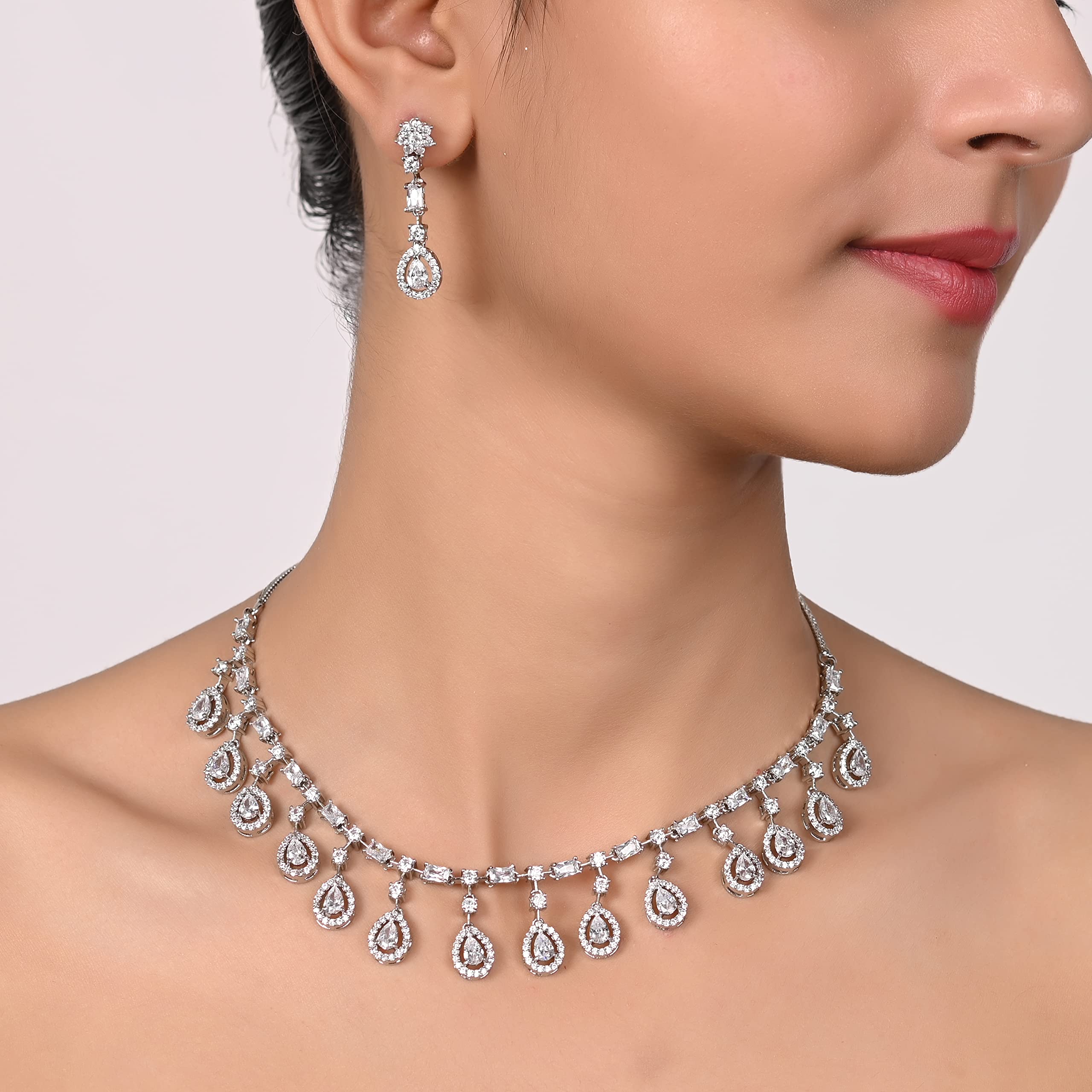 RATNAVALI JEWELS Set di gioielli in argento con collana e orecchini con zirconia cubica, per donne, spose e matrimoni, ottone, zirconia cubica, Ottone, Zirconia cubica