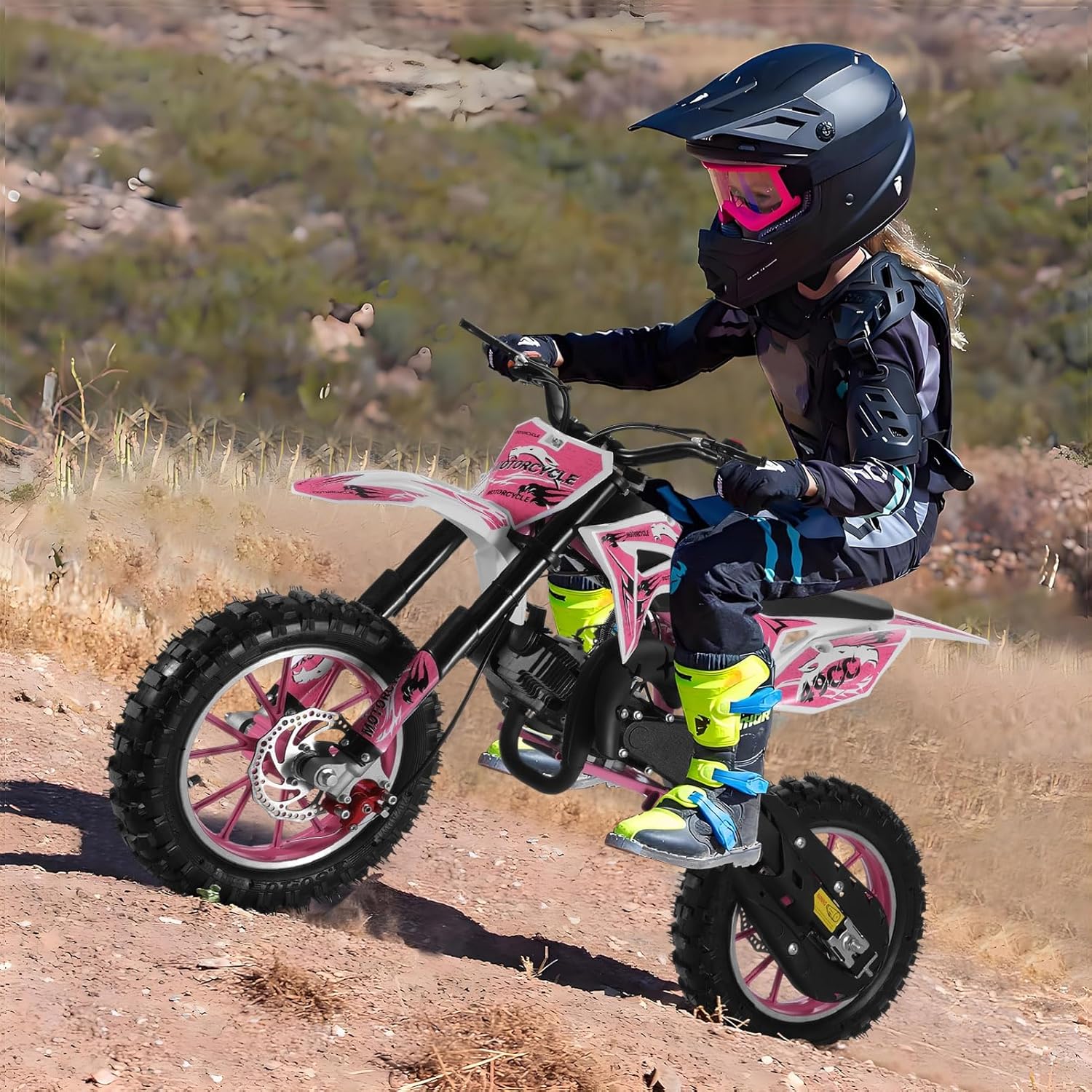 Gas Dirt Bike Motorcycle, 49cc 2-Stroke Kids Dirt Bike, Gas Power Motocross, Off Road Mini Motorcycle, Children Pocket Motorbike with Front Rear Disc Brakes, Pull Start Pink