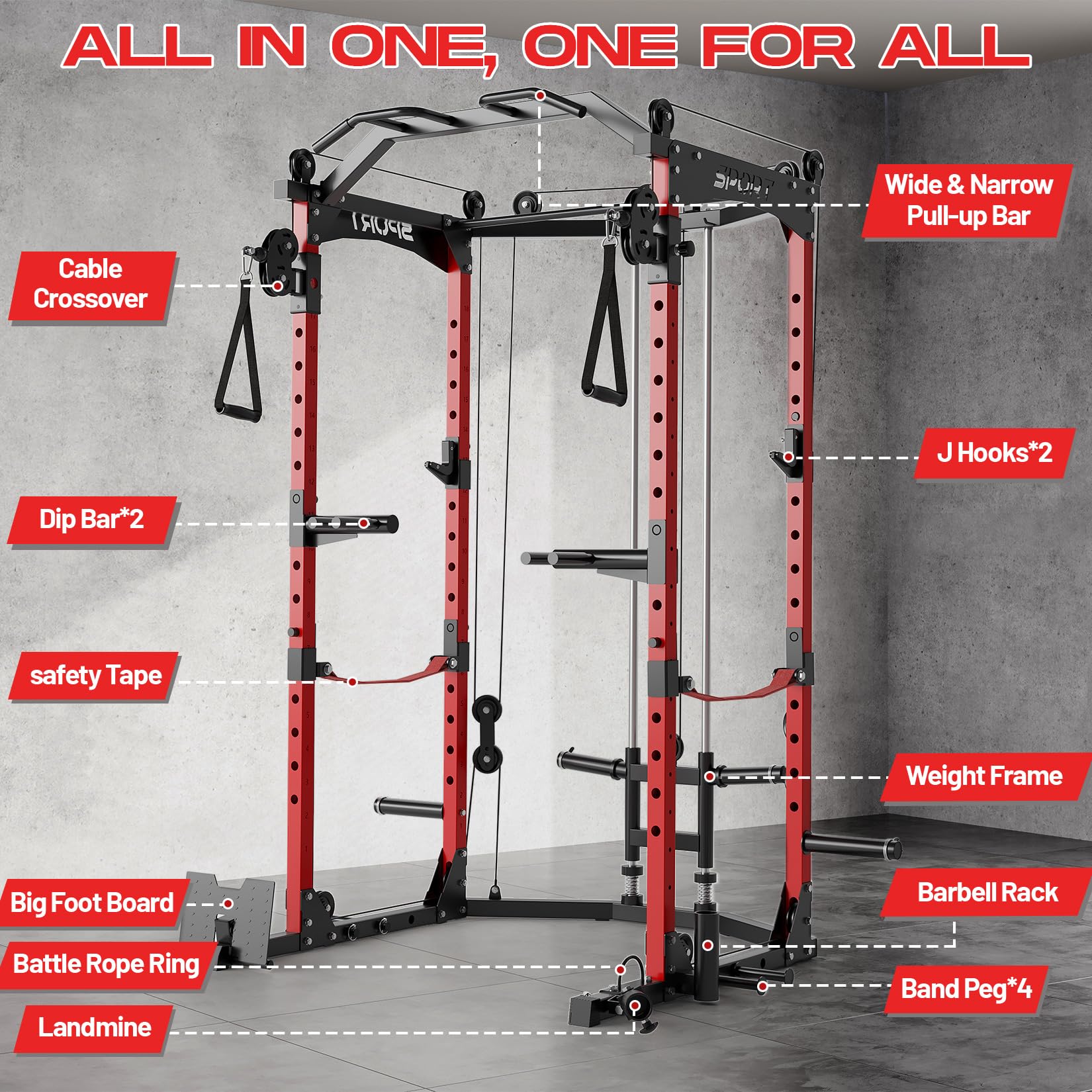 Power Cage,2000LBS Adjustable Multi-Functional Power Racks, Dual Pulley Cable System, Squat Rack for Strength Fitness, with More Training Attachment for Home Gym