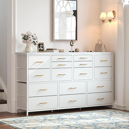 Miniatura 7 de EnHomee Cómoda para dormitorio con 16 cajones, soporte de TV para dormitorio para TV de 60", cómodas largas y cajoneras, cómoda grande con estación