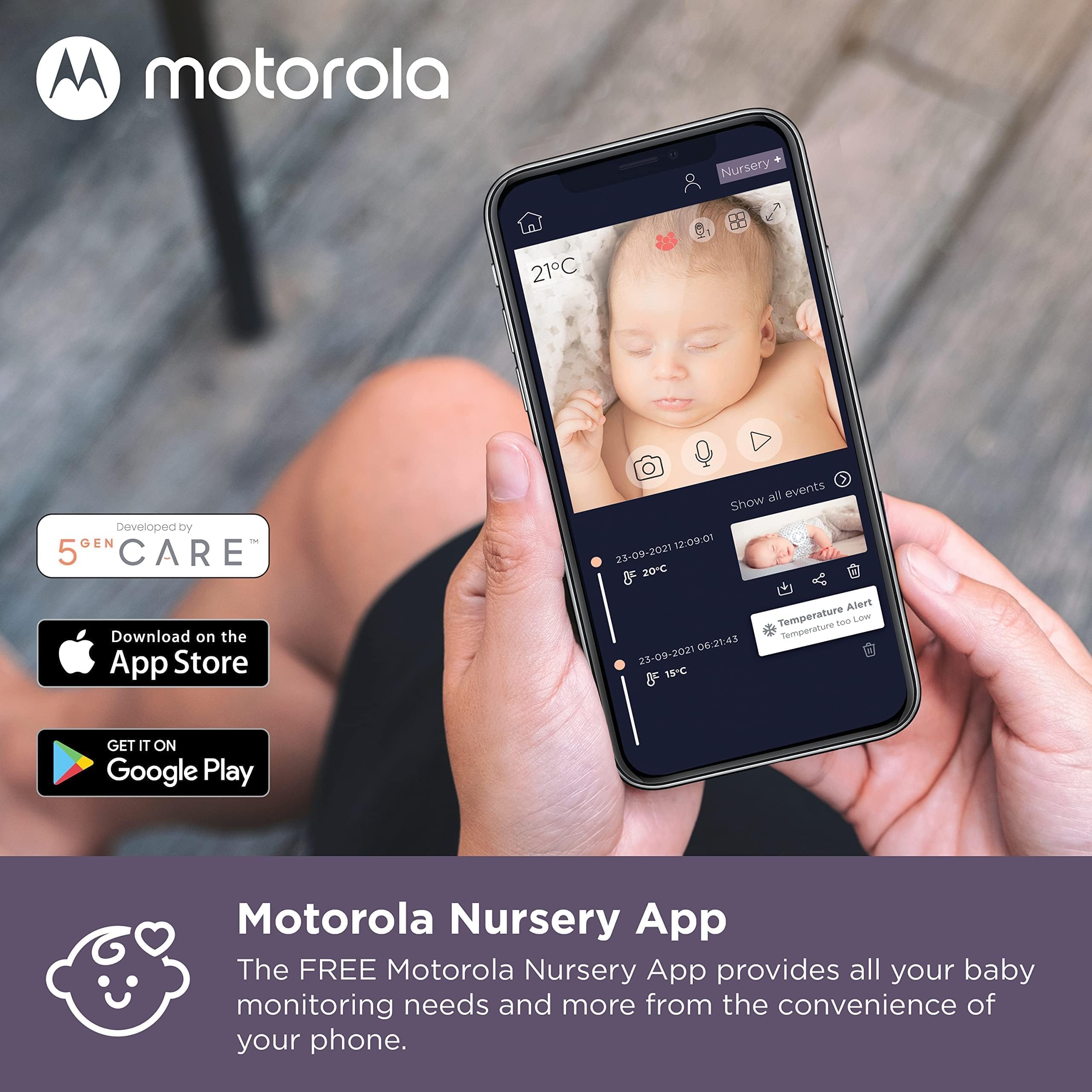Motorola Nursery VM855 Connected WiFi elektroniczna niania – z aplikacją Motorola Nursery i 5-calową jednostką rodzicielską – widoczność w nocy, temperatura i dwukierunkowa rozmowa, kolor biały/złoty