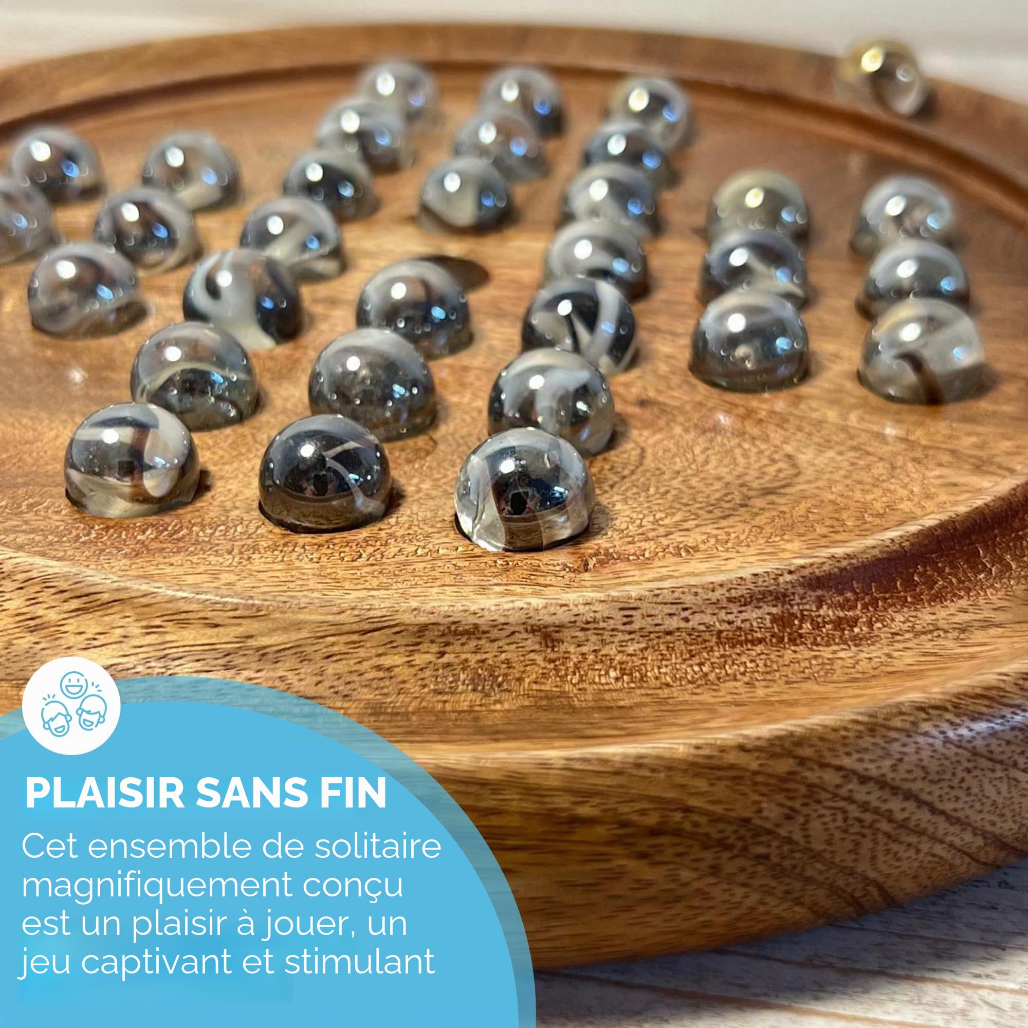 Jeu de société solitaire en bois de 22 cm de diamètre avec billes de verre tourbillonnantes transparentes | jeu de solitaire classique en bois | jeu de société de stratégie | jeu de société familial |