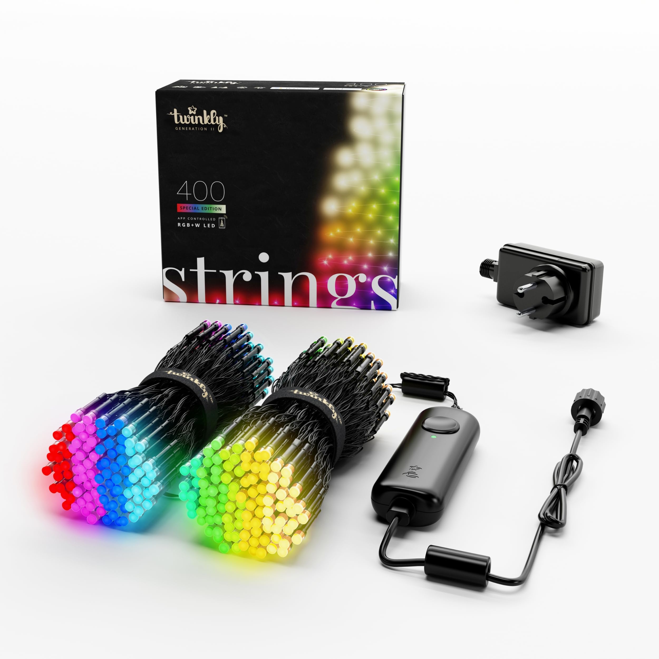 Twinkly Strings 400 LED RGB+Bianco, Striscia di Luci LED per Esterno e Interno, Luci Natale Smart Multicolore, Compatibile con Alexa e Google Home, Luci Mappabili, IP44, Controllo App, Filo Nero, 32m