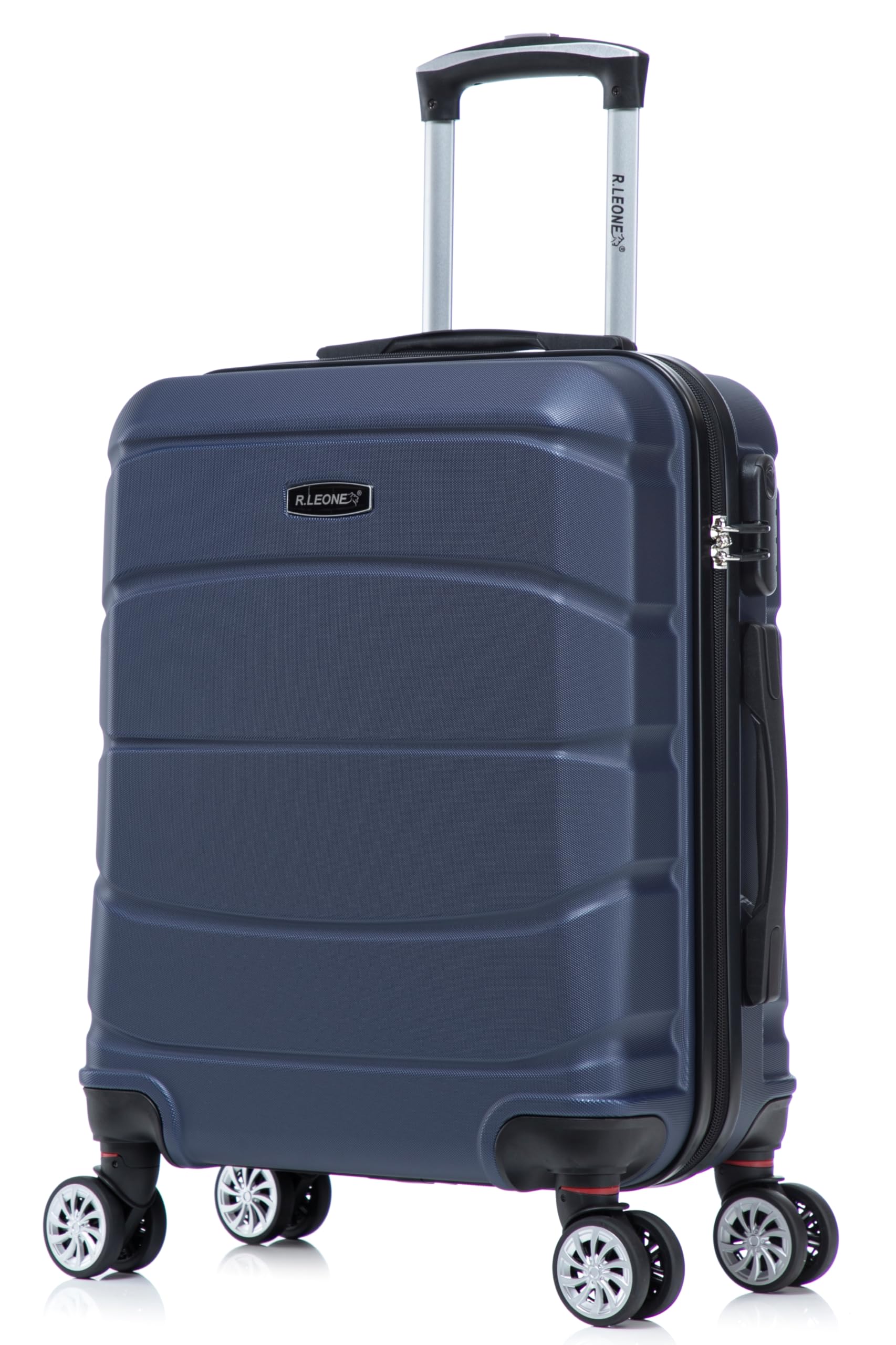 R.Leone Valigia da 1 Fino a Set 4 Trolley Rigido grande, medio, bagaglio a mano 55x40x23 cm Wizz, ITA Airways e bagaglio 45x36x20 cm EasyJet in ABS 8001 (Blu, Set 4 Pezzi XS S M L)