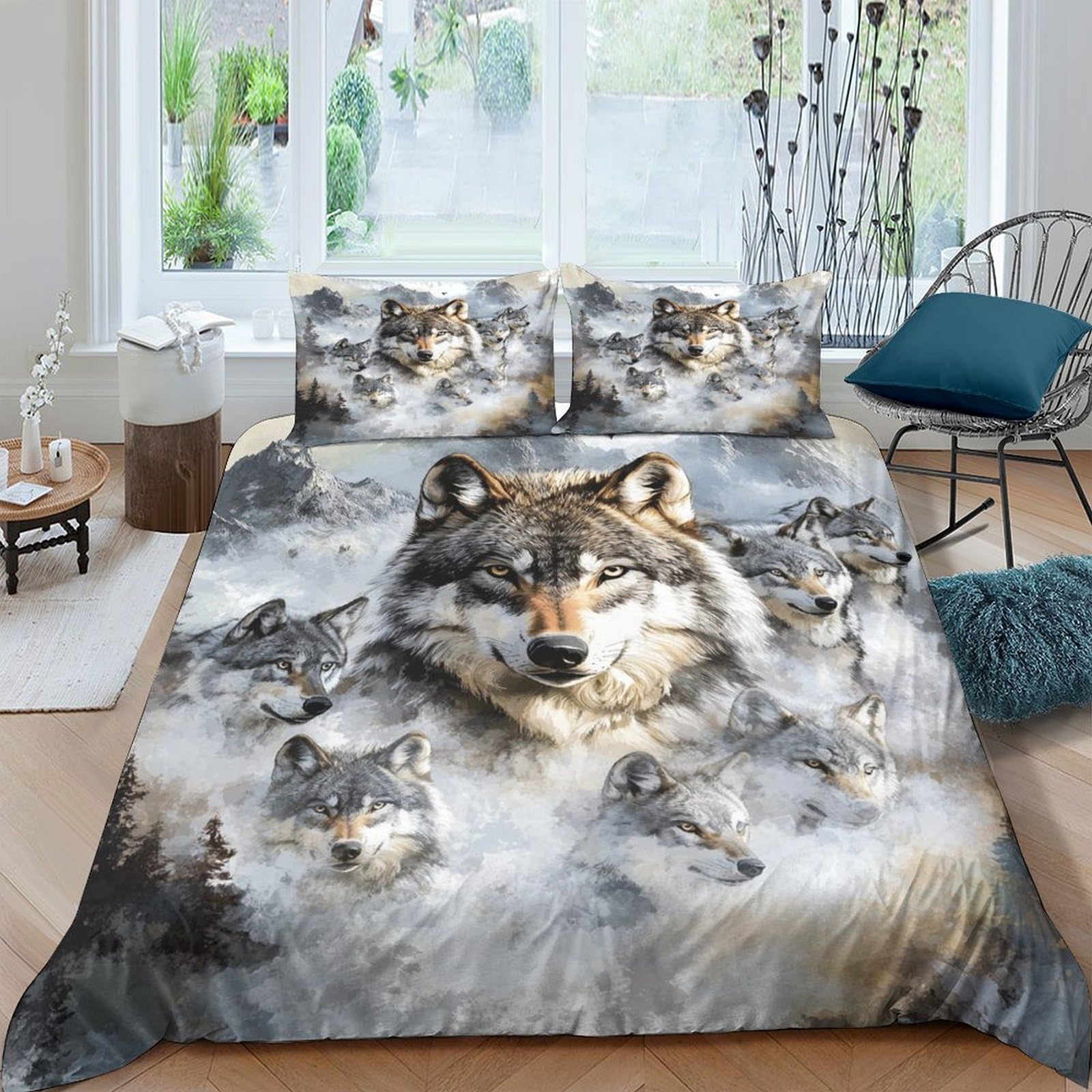 Ctjqhvkz Style-9 3D Printed Wolf Forest Fitted Sheet Microfiber Soft Breathable Misty Mountain Mattress Cover For Bedroom Dorm Decor Single（135X200cm）