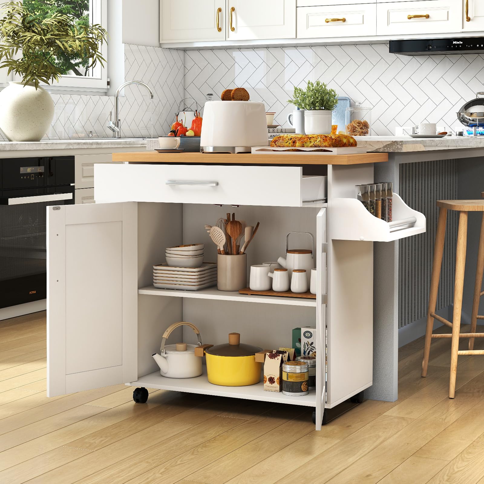 COSTWAY Carrello da Cucina, Credenza Salvaspazio con Cassetto, Ripiano Regolabile, Portaspezie, Portasciugamani e Ruote, Mobile da Cucina per Sala da Pranzo e Soggiorno, 111 × 40 × 90 cm (Bianco)