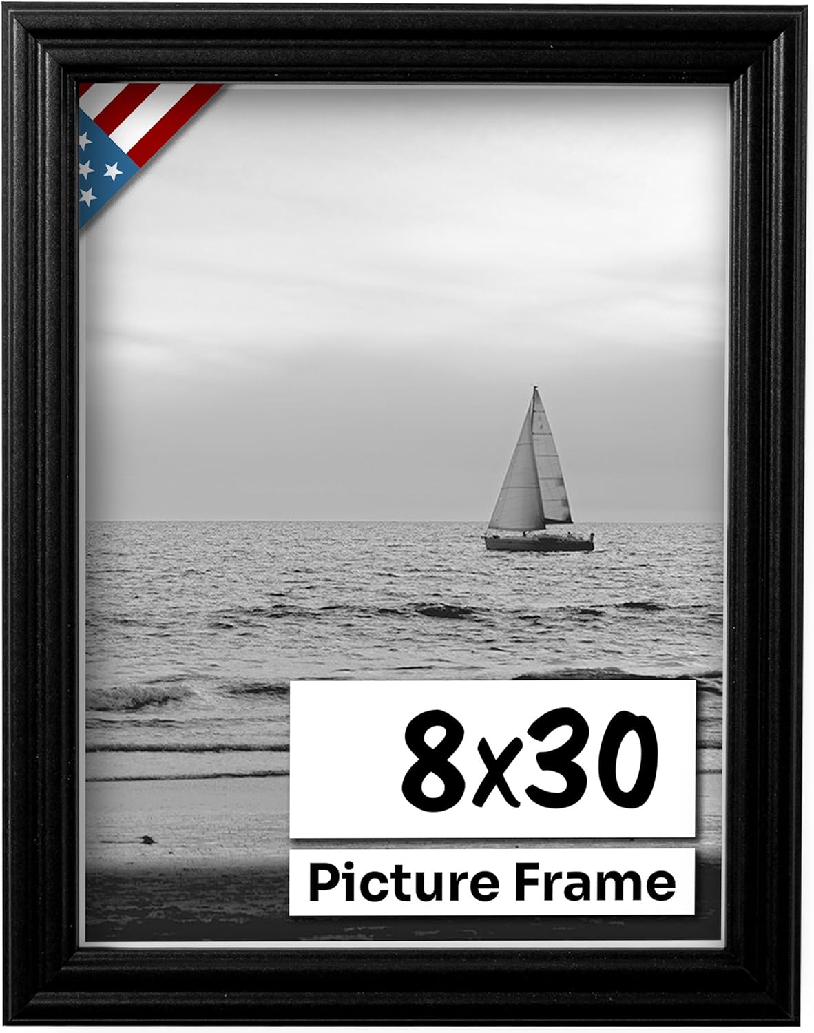 Black 8x30 Picture Frame .75" Inch Wide - Black Wall Decor Handmade Solid Wood Frames with Preinstalled Hangers and UV Blocking Plexiglass 30x8 Frame