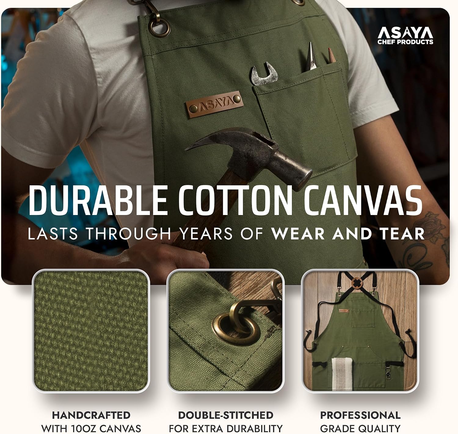 Asaya Chef and BBQ Apron with Bottle Opener and Hand Towel - 10oz Cotton Canvas, Stainless Steel Hardware - Cross Back Straps image 3