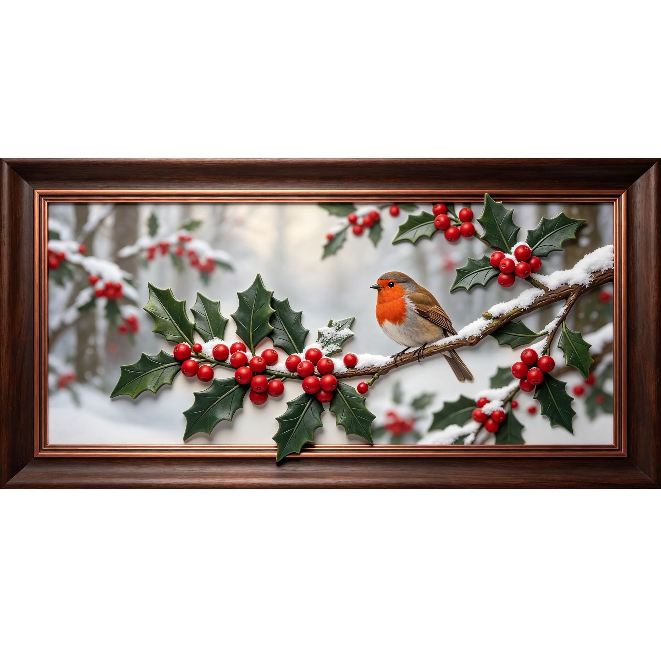 Agglomerix 3D Framed Wall Art Robin on Snowy Holly Branch Botanical Winter Scene Large Size Self-Adhesive Removable Wall Decor Prints Artwork for Living Room Bedroom Office