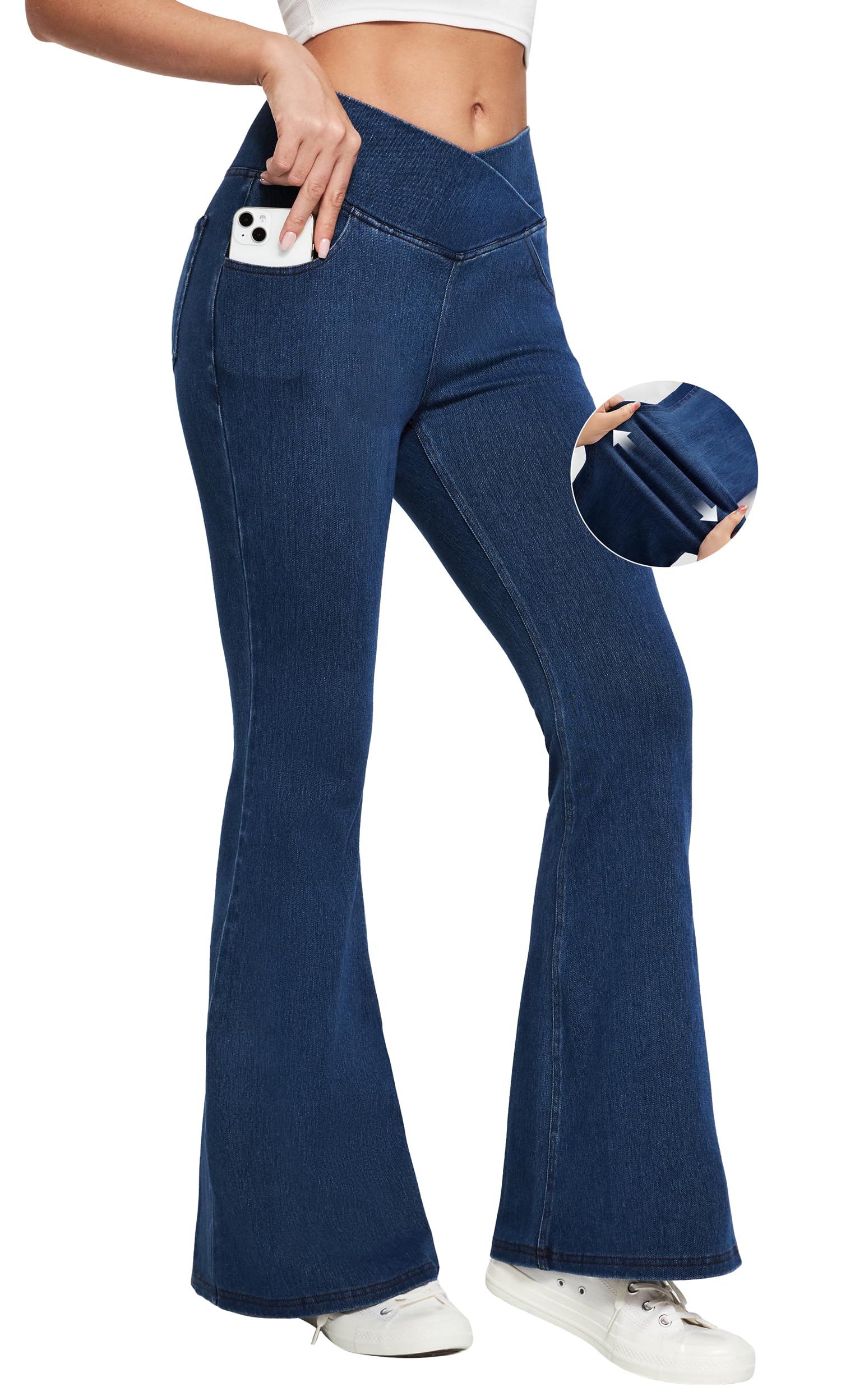 Ewedoos Flare Bell Bottom Jeans for Women Jeggings Tummy Control High Waisted Stretchy Crossover Pull On Jeans