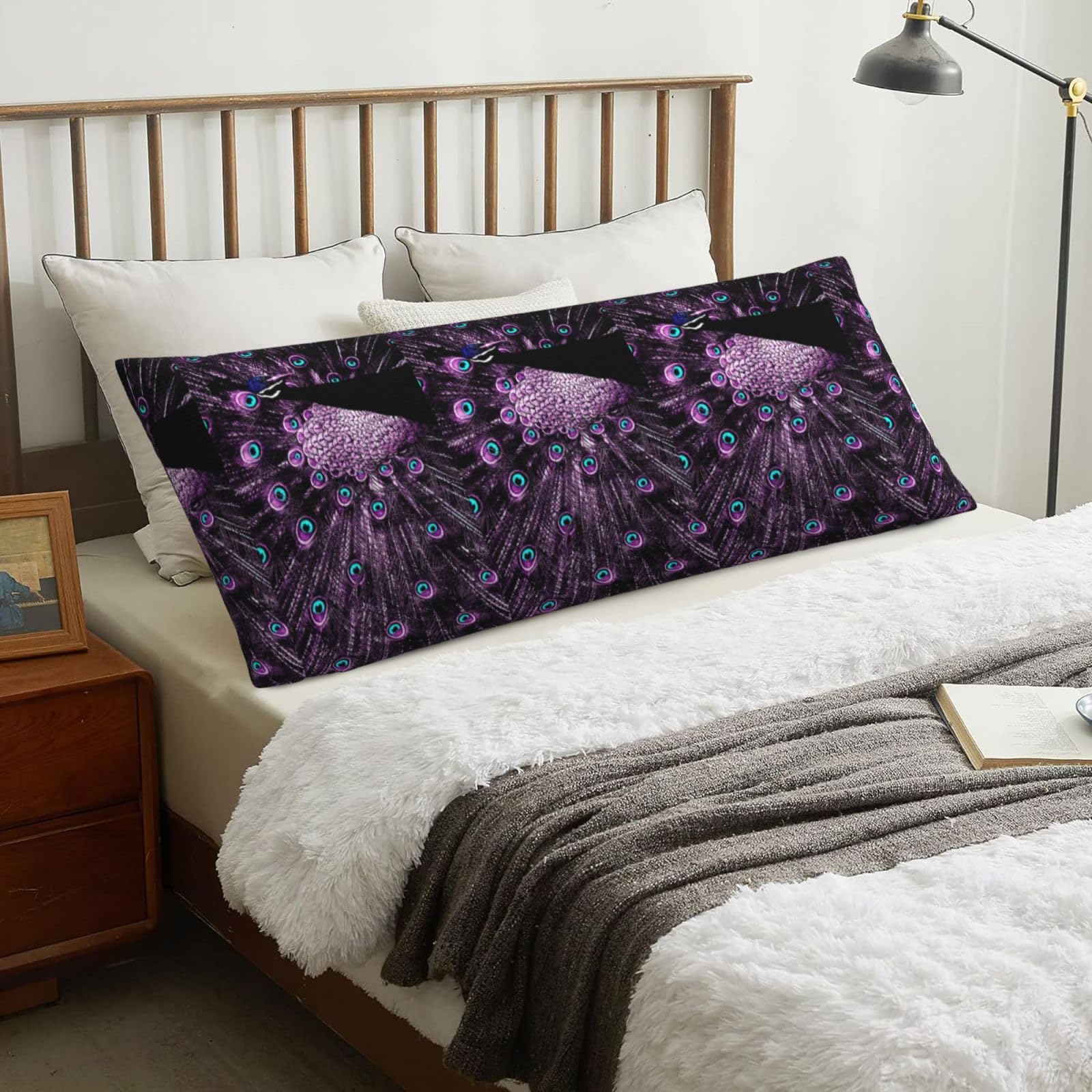 Purple Peacock, Body Pillow Cover with Zipper,Long Body Pillowcase 20 x 60 in