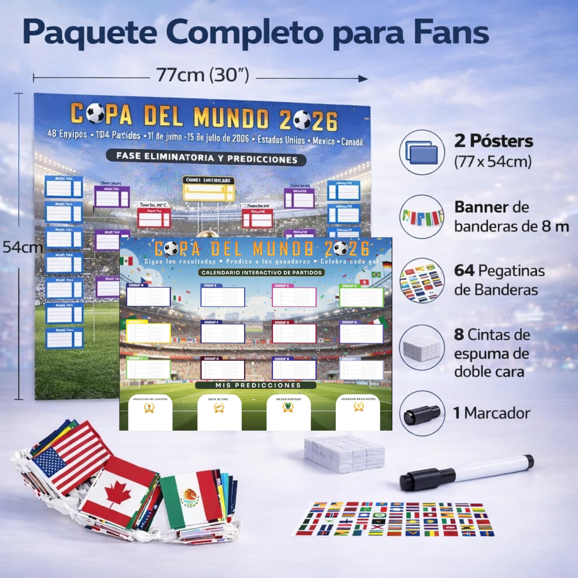 Bopeto Poster del programma del torneo di calcio internazionale 2026, confezione da 2 grafici da parete con staffa da 48 squadre, decorazione per partite di calcio e regali per gli appassionati di