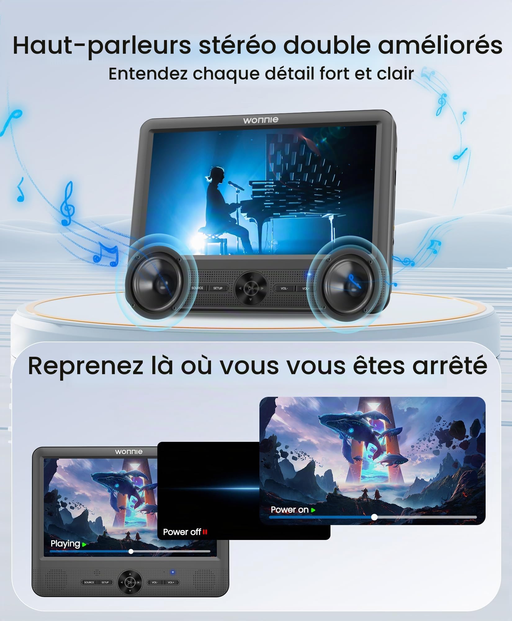 WONNIE Lecteur DVD portable de 10 pouces avec deux films différents ou identiques avec 2 supports d'appui-tête, batterie rechargeable 5H, dernier stockage, sortie/entrée AV