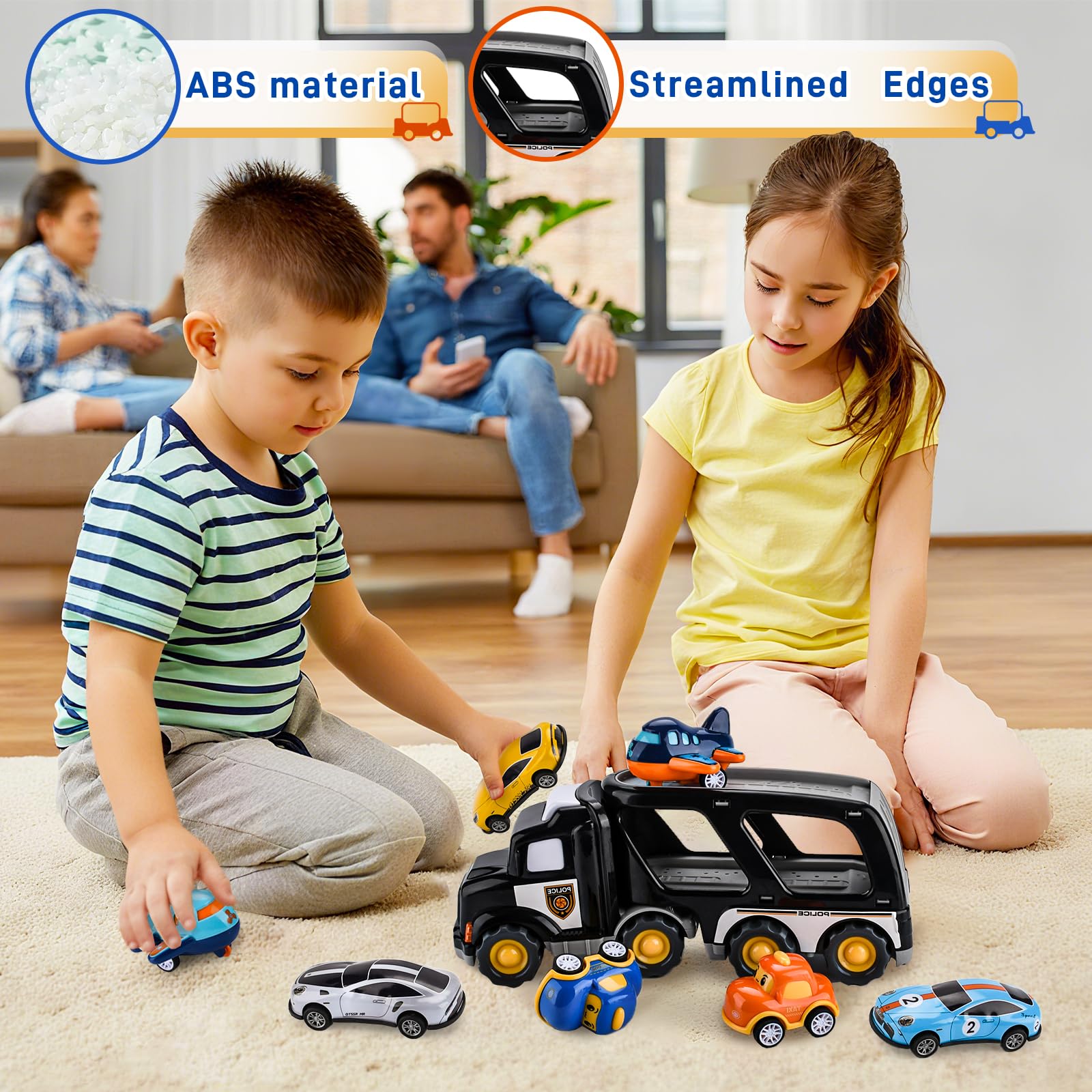 8 in 1 Camion Macchinine Giocattolo Trasportatore con Suoni e Luci per Bambini 1 2 3 4 5 Anni, 7 Mini Cars, Macchina Trucks Regalo per Bambino Ragazze Ragazzi