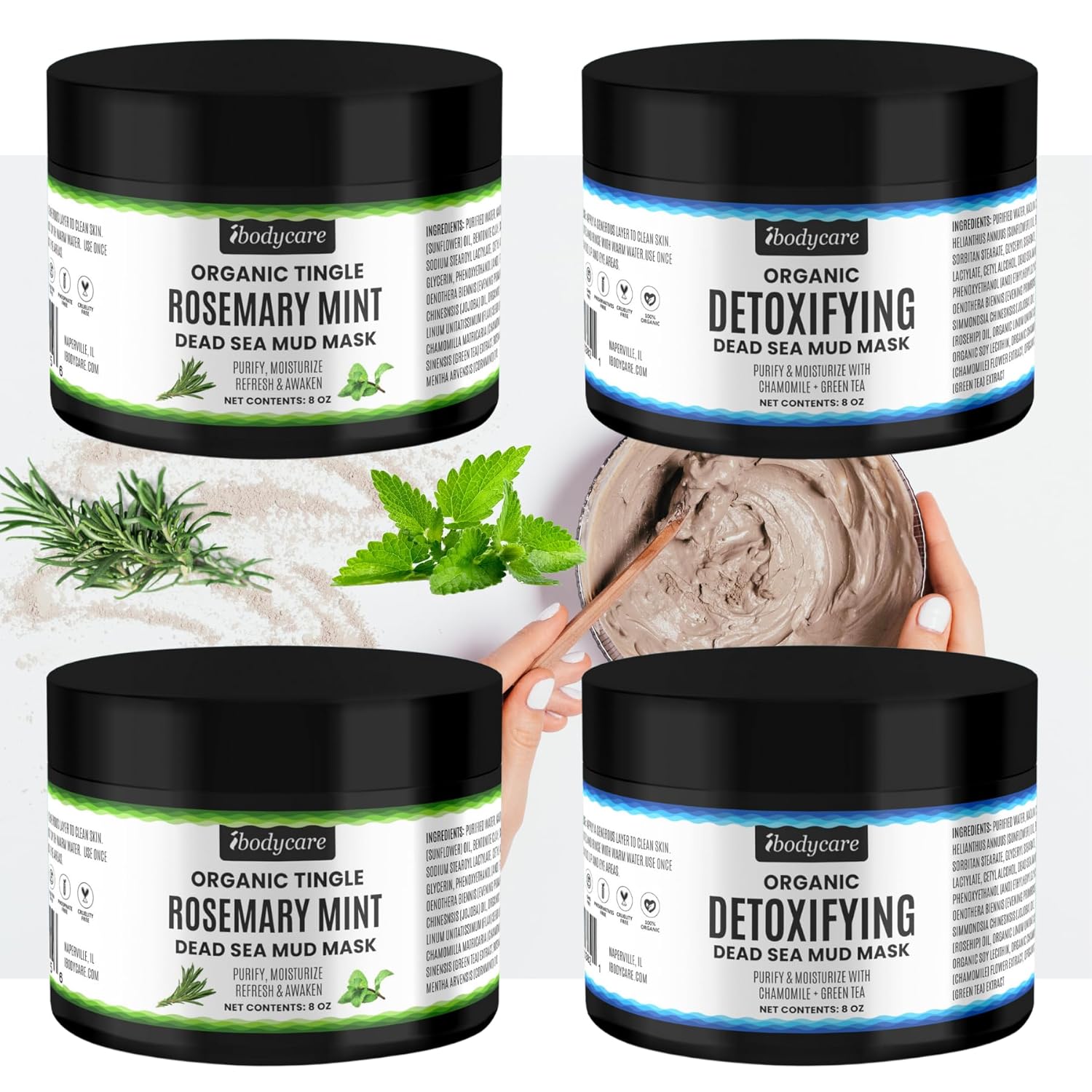 Whipped Dead Sea Mud Mask Bundle for Cleansing Face and Body, Clean Pores, Purify, Moisturize with Kaolin Clay, Green Tea, Bentonite Clay (2 Mint + 2 Detox Muds)
