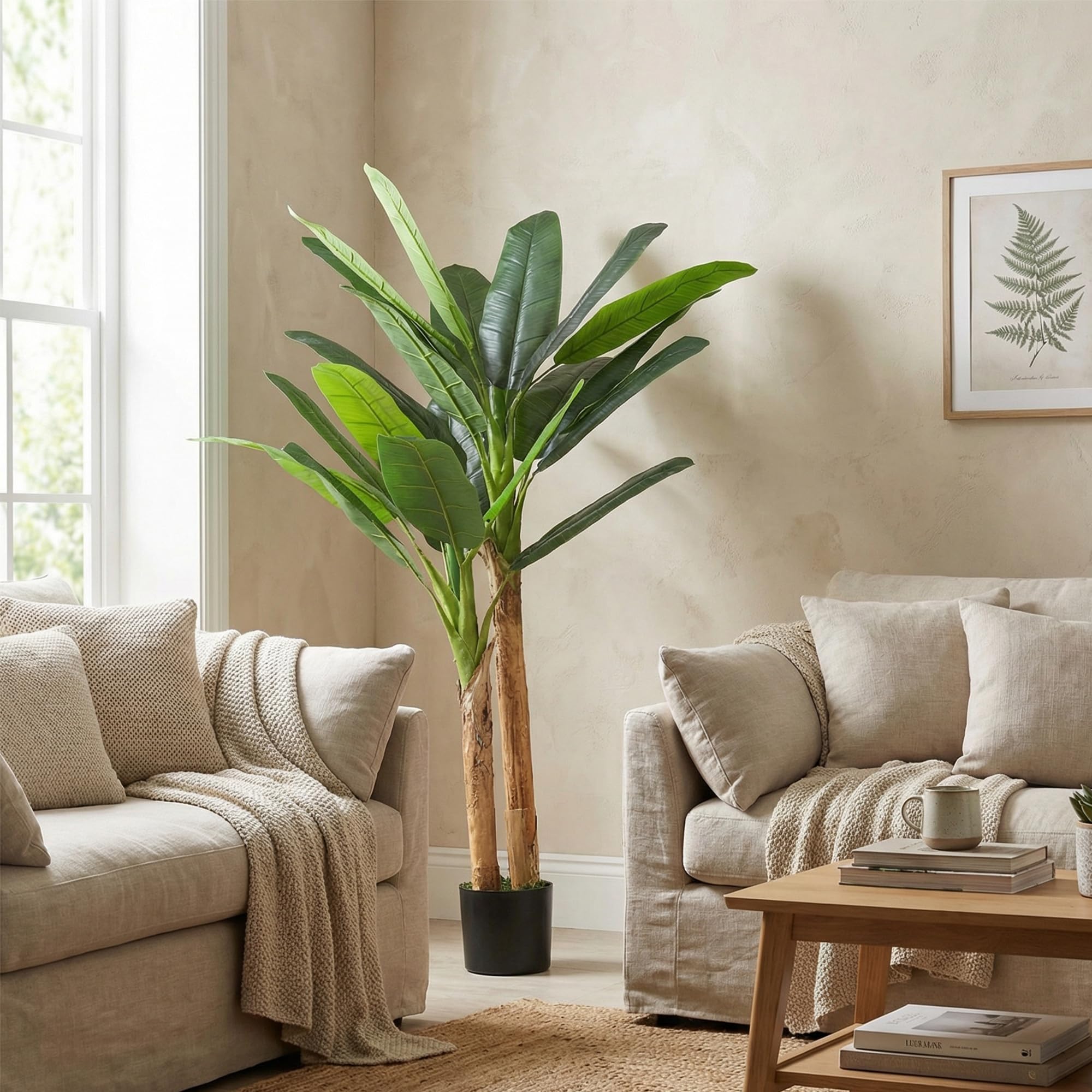 HOMCOM Árbol de Plátano Artificial 150 cm, Planta Artificial Decorativa con Maceta y 2 Troncos, para Decoración del Interior, Hogar, Oficina, Salón, Verde