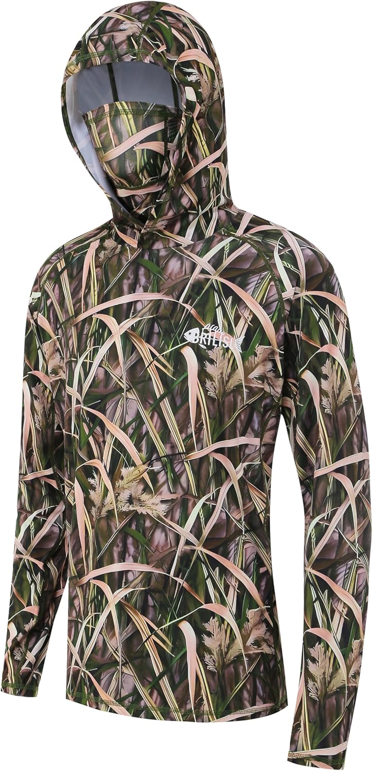 UPF 50+ Sun Protection Long Sleeves Hunting & Fishing Shirts for men, Camo Hoodie with Built-In Face Mask
