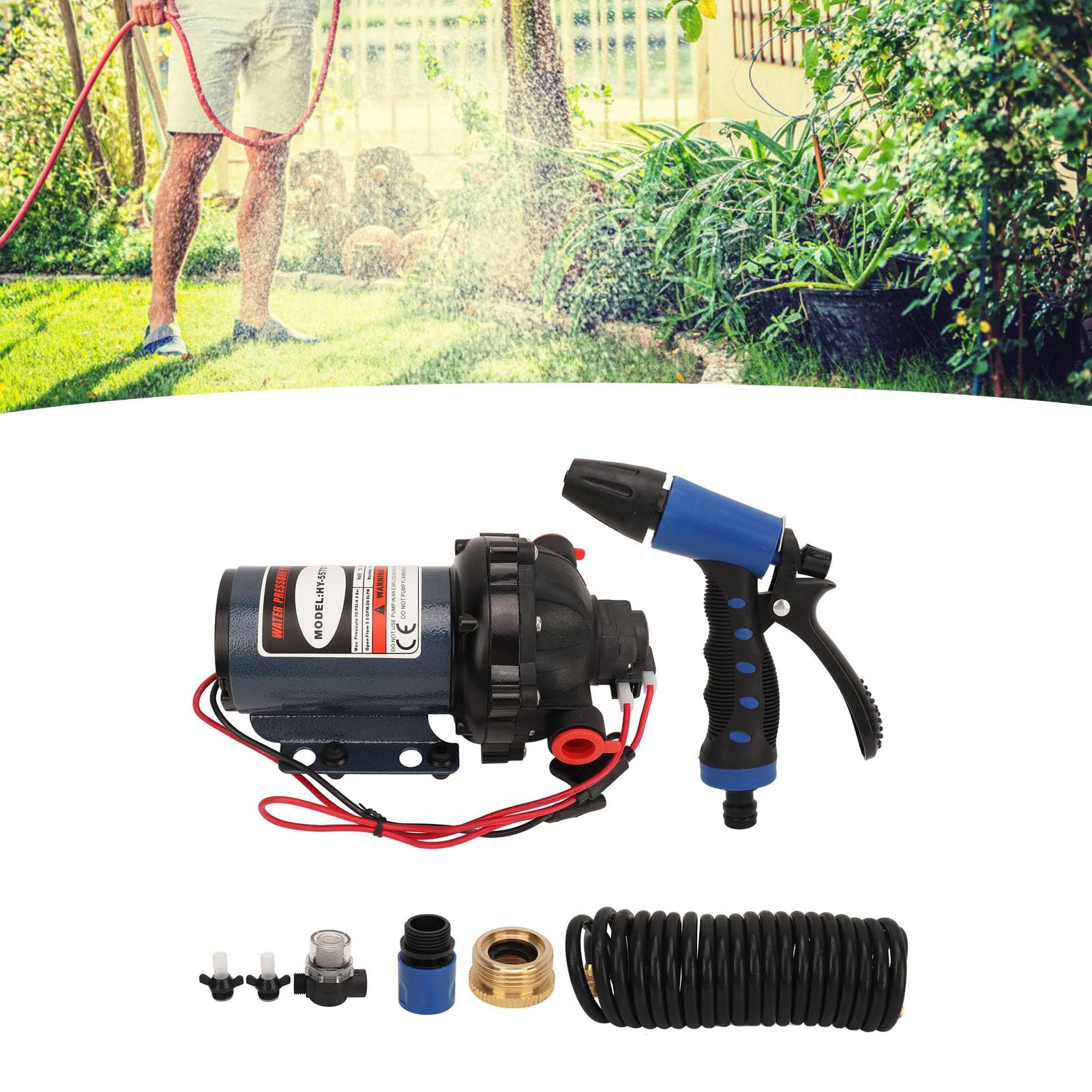 Kit pompa washdown 12V DC ad alta pressione dell'acqua 5,5 GPM per pulizia industriale pesante, stampa 70 PSI, design portatile, include tubo da 6 M