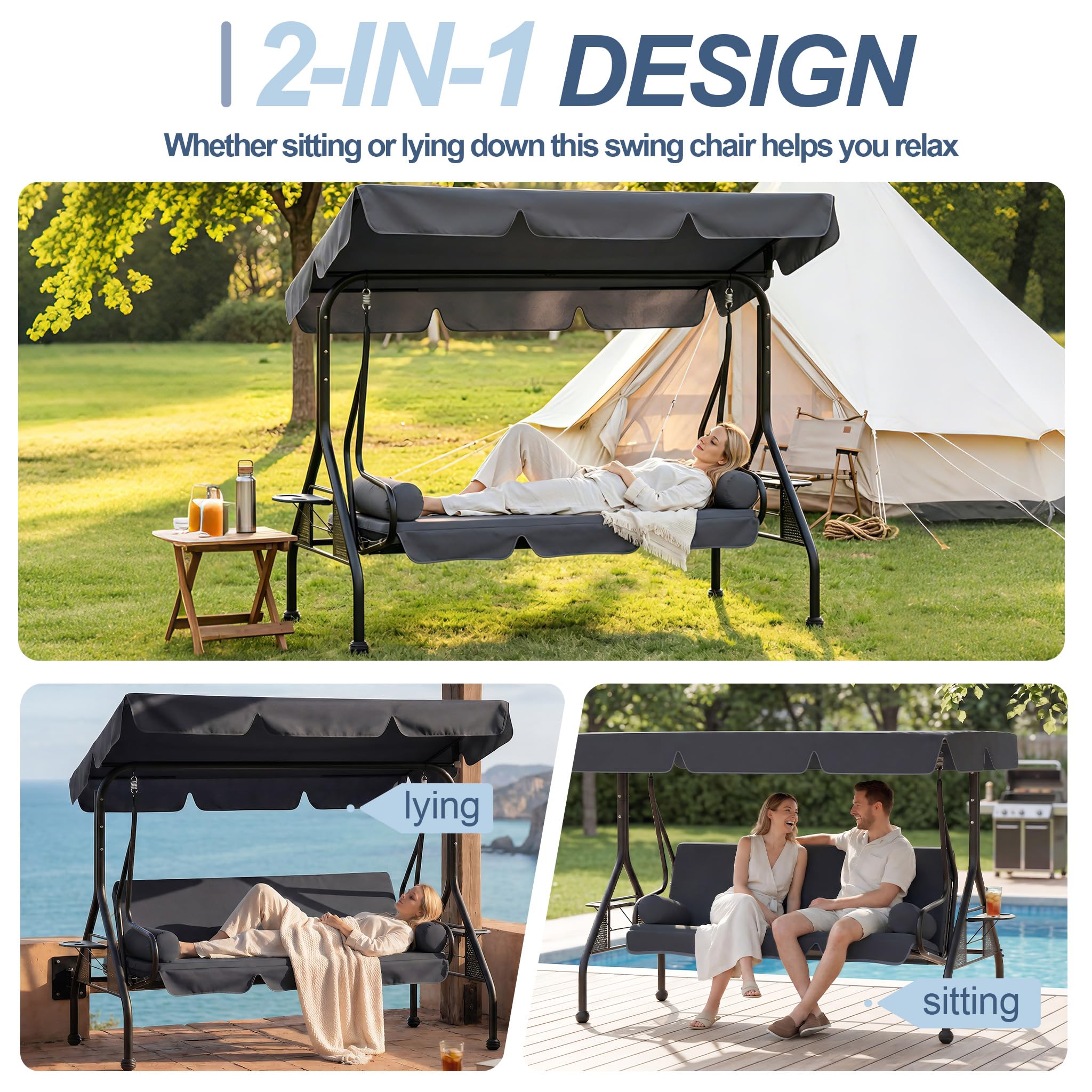 UISEBRT Columpio de jardín de 3 plazas con función reclinable, 2 cojines, 2 bandejas, banco para exteriores, soporta hasta 350 kg, para jardín, piscina, terraza, antracita