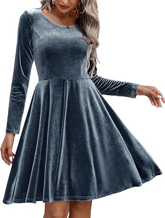 Chigant Womens Velvet Dress Long Sleeve Cocktail Christmas Party Club Dresses Flare Swing Mini Prom Dress for Wedding Guest