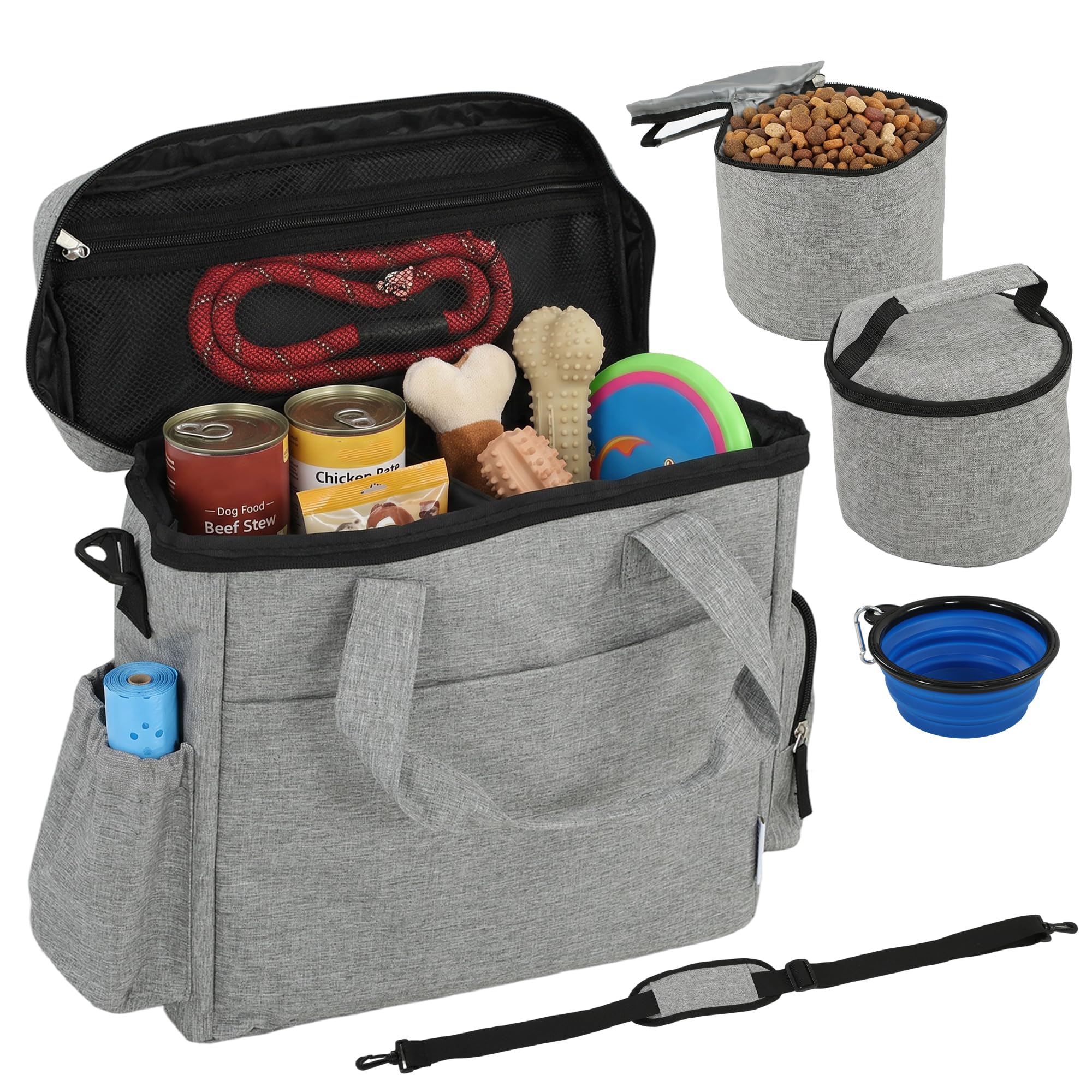 PawHut Sac de Transport pour Chien et Chat, Sac de Voyage pour Chien avec Poches, 2 Sacs à Nourriture, Bol Pliable en Silicone, Séparateur Réglable, Sac à Friandises pour Chien Chat, Gris Clair