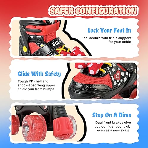 Miniatura 4 de SULIFEEL Patines de ruedas para niñas con lunares y lazo, ruedas iluminadas, 4 tamaños ajustables para niños pequeños, patines principiantes
