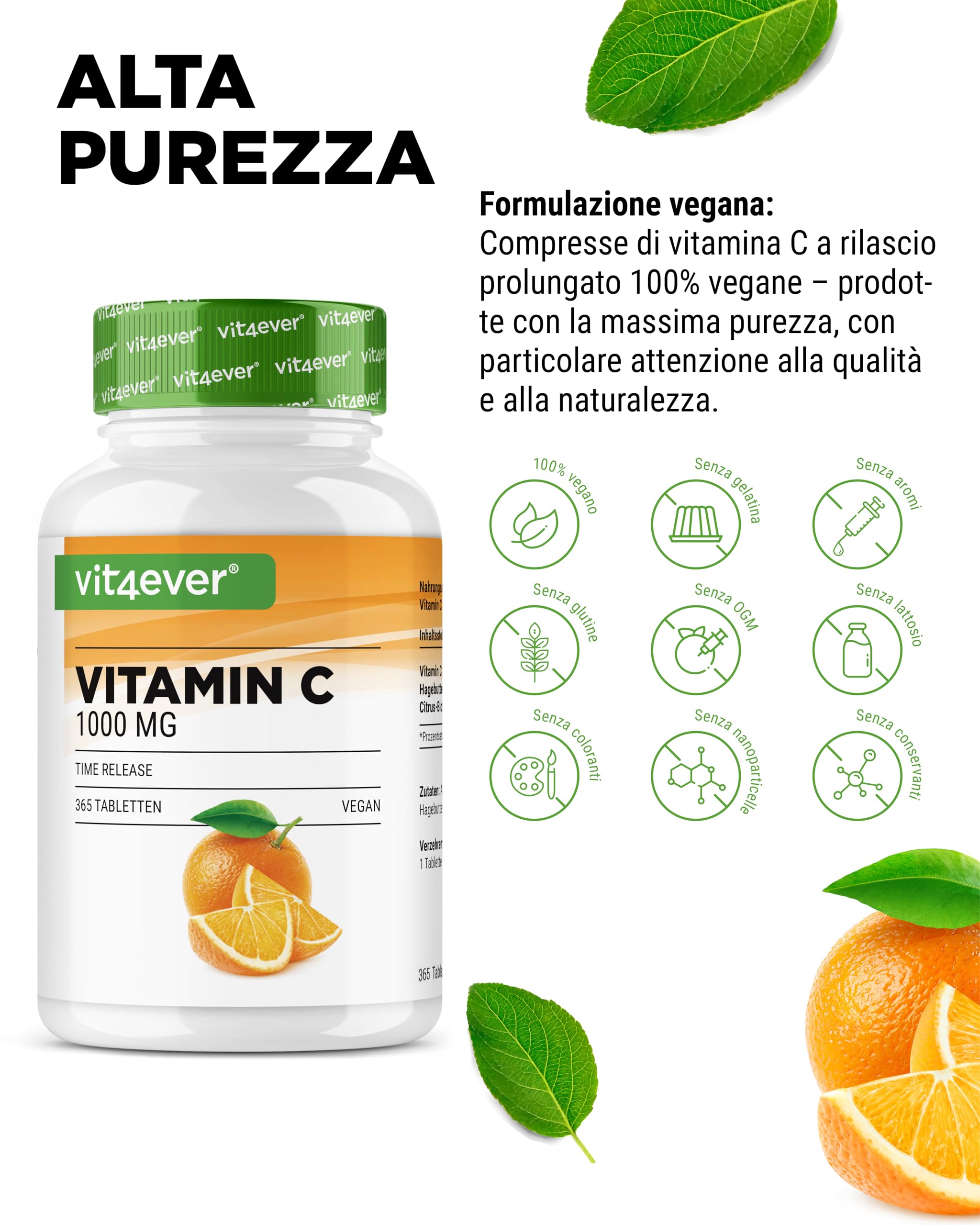 Vitamina C 1000mg - 365 compresse in un anno di fornitura - Effetto Rilasciato nel Tempo - Vitamina C + Estratto di Rosa Canina + Bioflavonoidi di Agrumi - Vegan