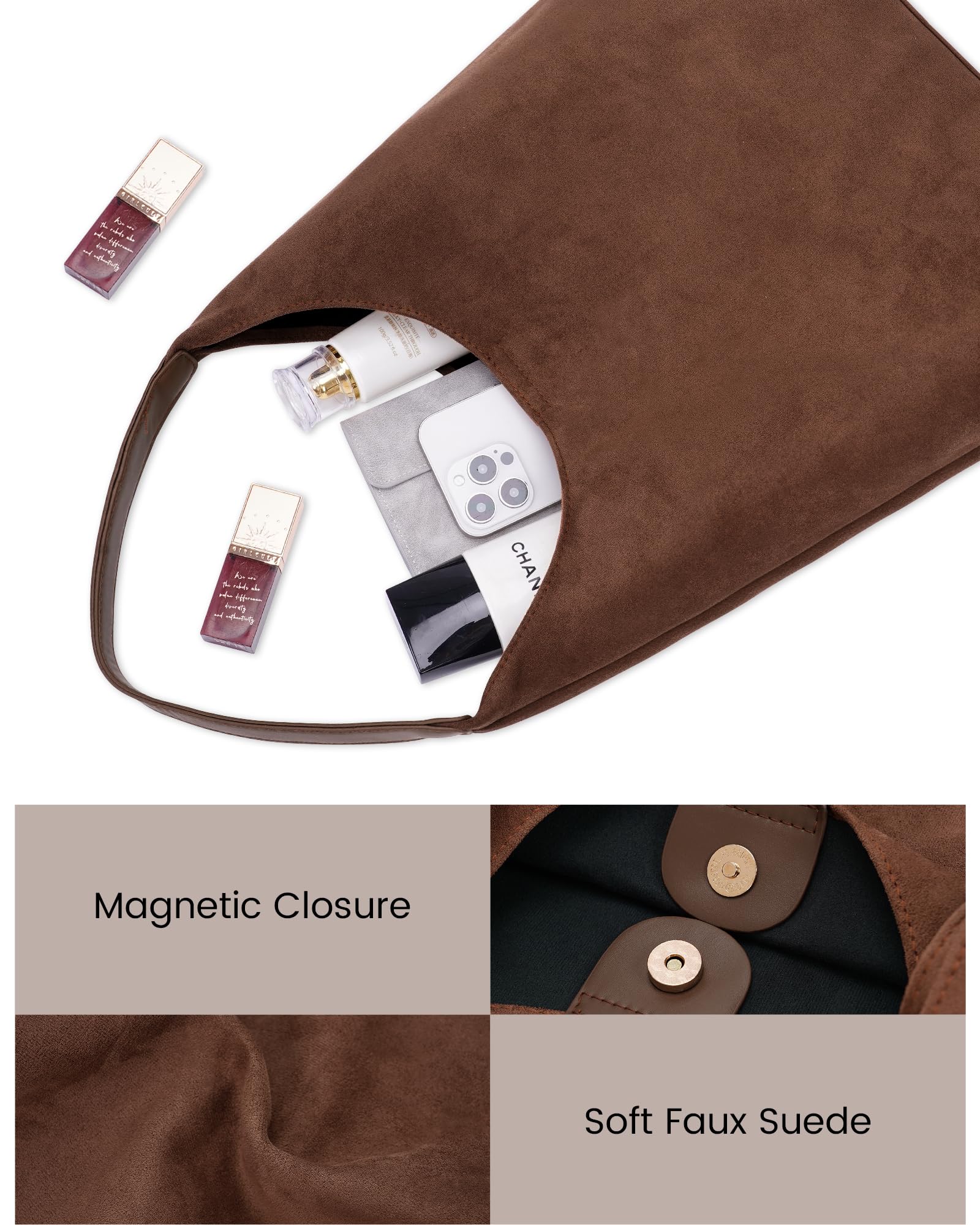 Lushandy Brown Suede Purse Faux Suede Tote Bag Leather Hobo Bags for Women Slouchy Hobo Bag Fall Purse Shoulder Bag: Faux Suede-coffee