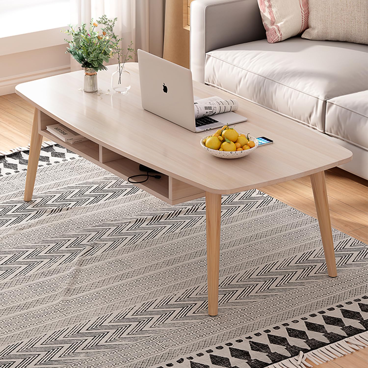 Occuwzz Coffee Table, Side Table with Drawer Modern Round Corners Elegant Furniture for Apartment, Space Saving Wood Tea Desk for Living Room Home Office, 120 * 58 * 42 cm(Model B)