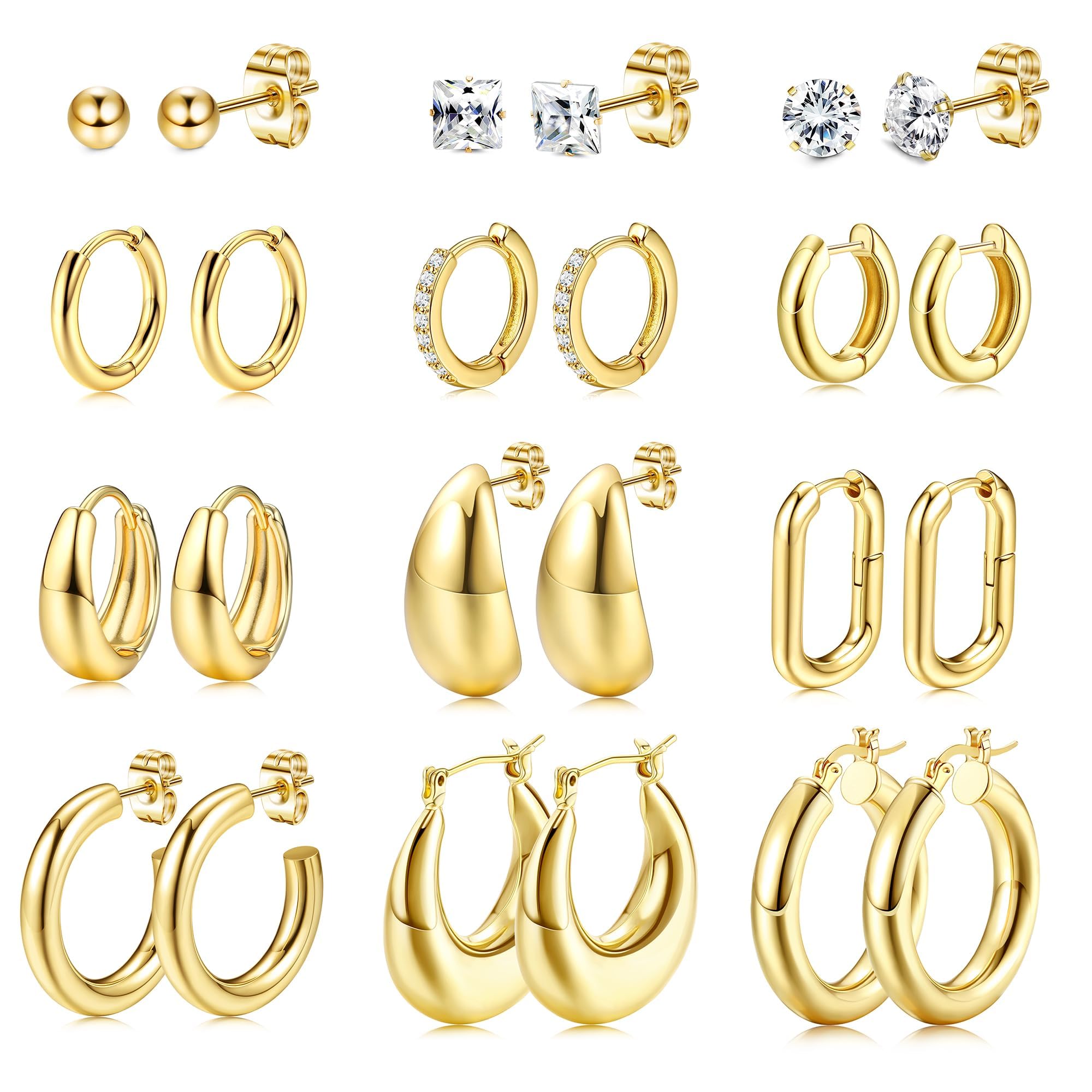 Dochais 13 Paar Ohrringe Gold Silber Set 316L Chirurgenstahl Medizinische Ohrstecker Klein Creolen Ohrringe Set Hypoallergene 14K Vergoldet Tragus Helix Piercings Ohr für Damen Herren