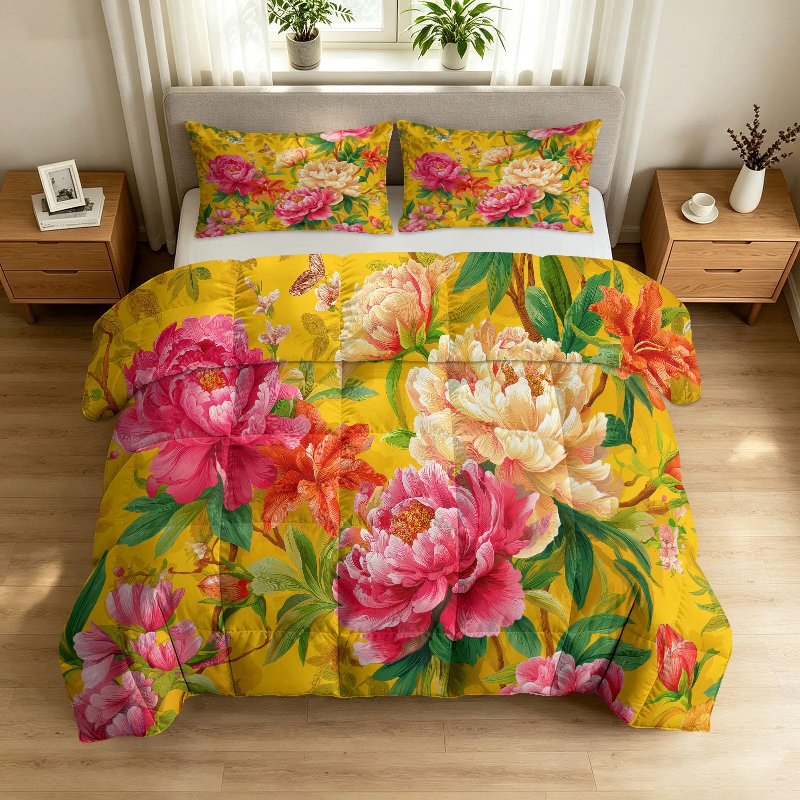 Couette sans housse 200x200 pour lit 2 personnes, édredon facile à laver jaune pivoine