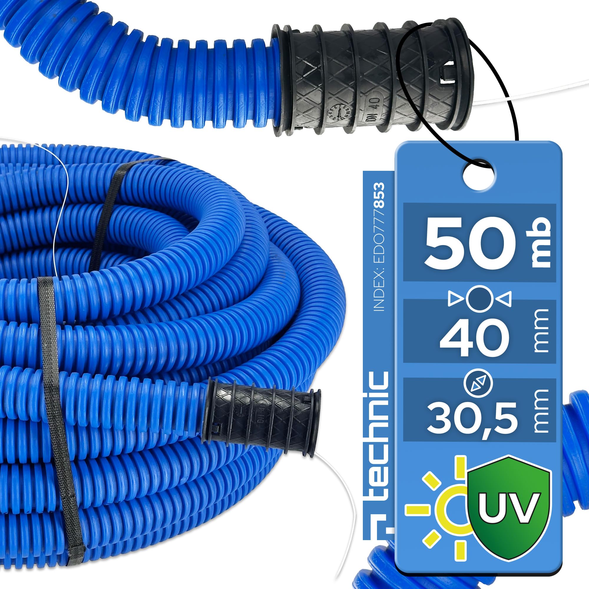 50 Metri -Tubo Corrugato Flessibile di Protezione Diametro 40mm (50 m) IP56 | Guaina Corrugata Doppia Parete con Sonda Passacavo per Interramento e Raccordo 450N Blu per Cavi - EDO Technic