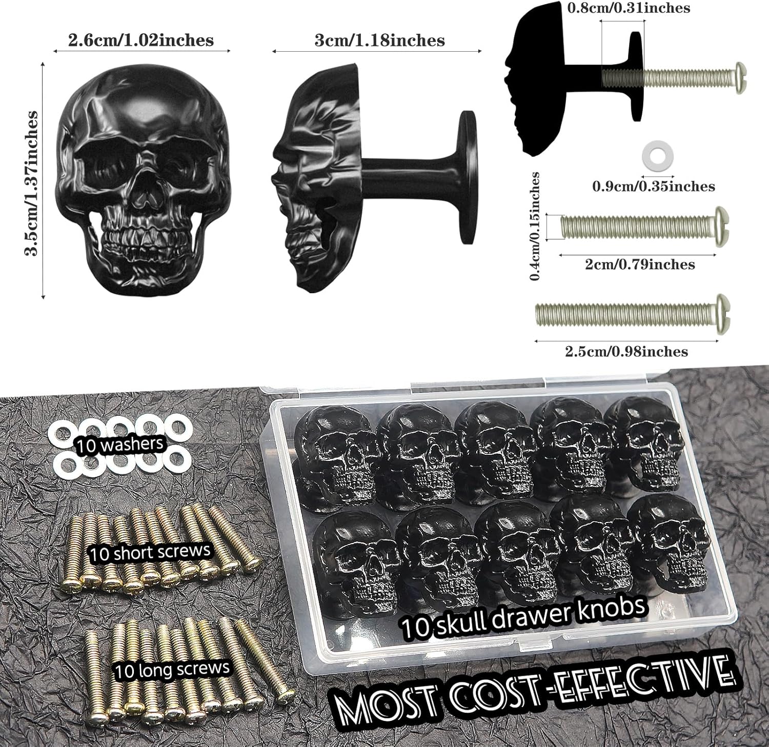 10 PCS Skull Drawer Knobs, Skeleton Cabinets Knob Skulls Decor Pulls for Drawers, Wardrobe, Bookcase, Dressing Table, Closet (Black)
