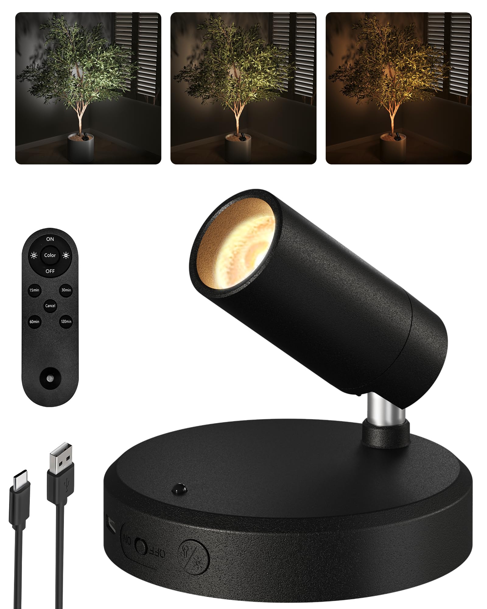 EZVALO Kabellose Spotlight 5500mAh, 3 Farben Dimmbar Wandspot mit Fernbedienung & Timer-Funktion, 350° Drehbare Aufladbar Wandlampe für Bilderbeleuchtung Pflanzenbeleuchtung (Schwarz, 1 Stück)