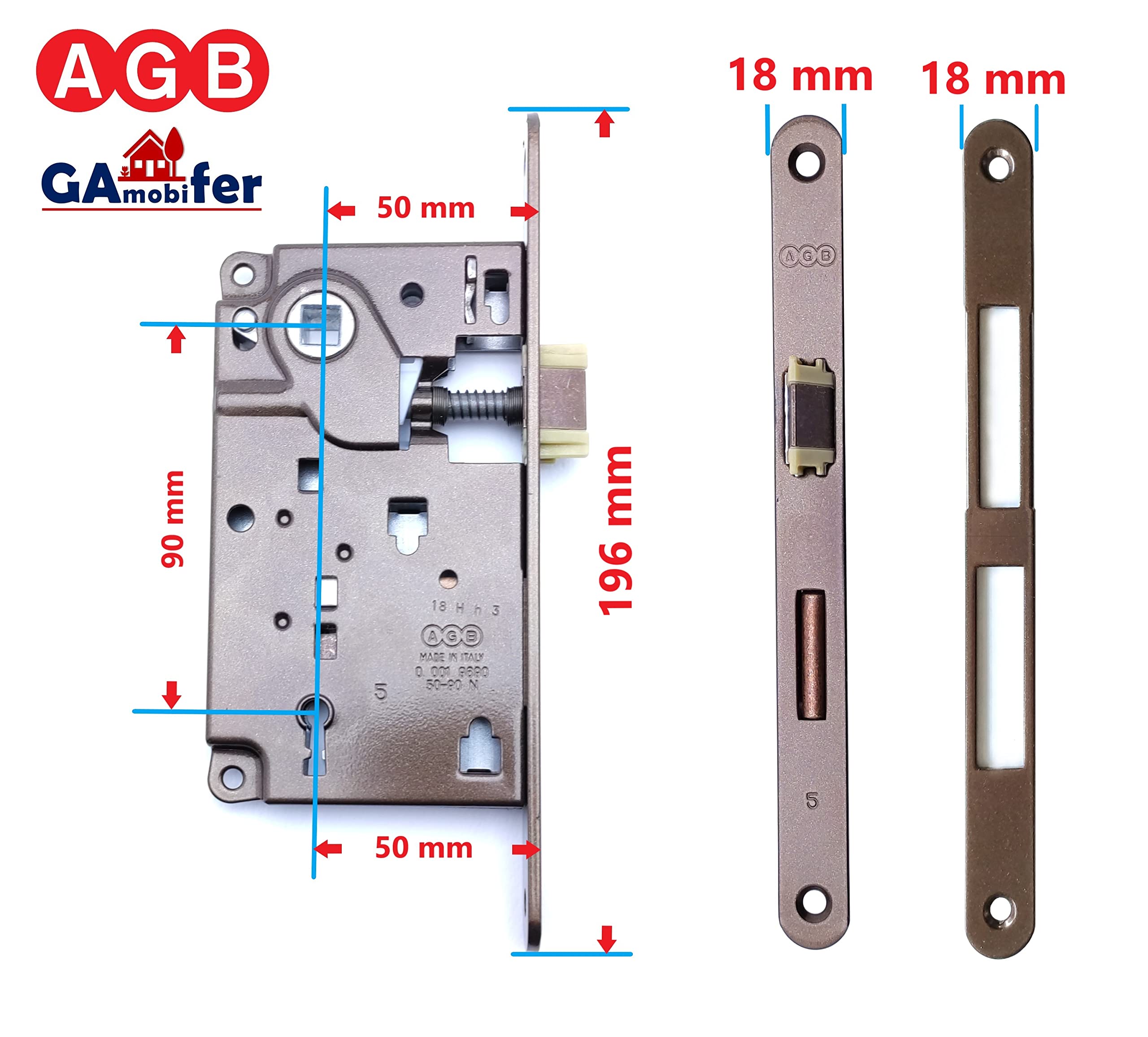 AGB - Center Series Internal Door Lock (Fr. 18x196, In. 90, En. 50, Qu. 8., KEY CHAIN, BRONZE PAINTED) - Image 2