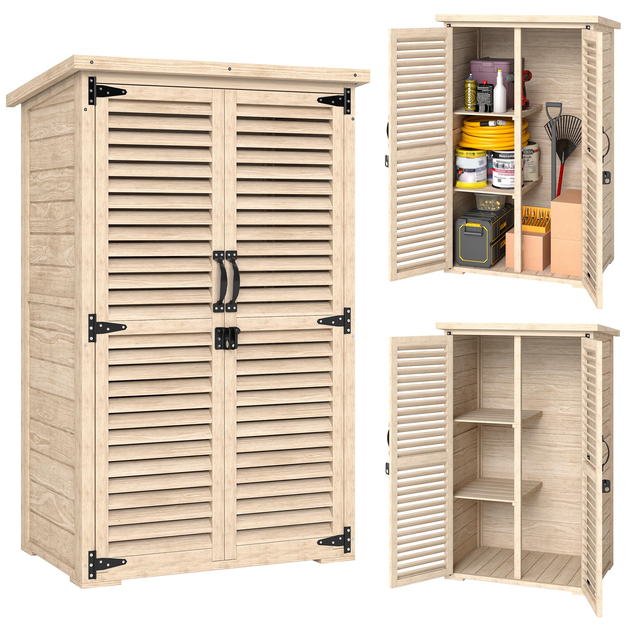 Outsunny Gartenschrank, Schuppen für Werkzeuge aus Holz, 2 Regale, Dach, Bitumendach, abschließbar, 75 x 50 x 118 cm, Natur