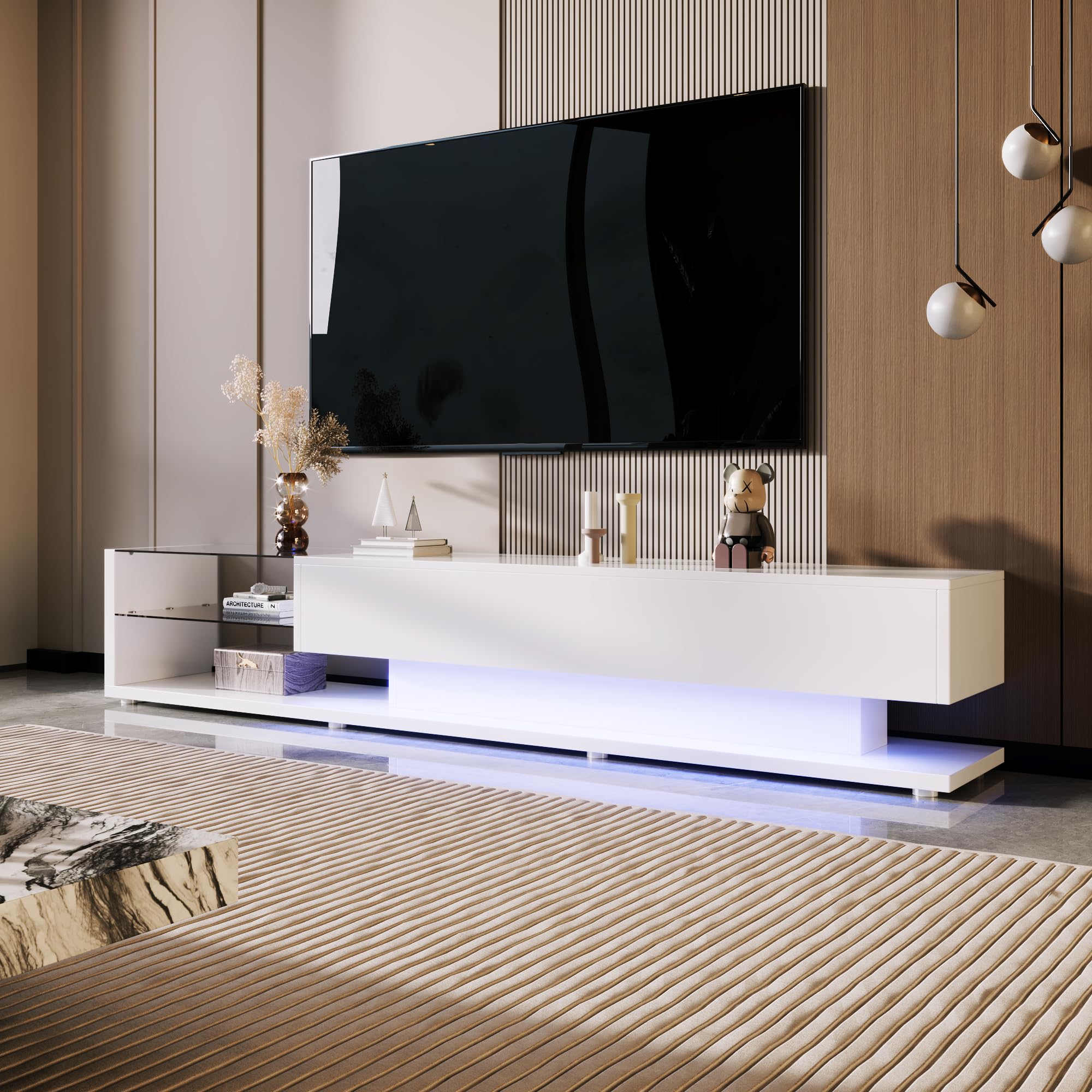 Modulo TV, Mueble de Salon TV con Luces LED, Armario Bajo con Tabique de Cristal, Moderno Destacando Mueble para Salon con Dos Amplios Cajones para Salón Dormitorio, 170x36x38 cm (Blanco)