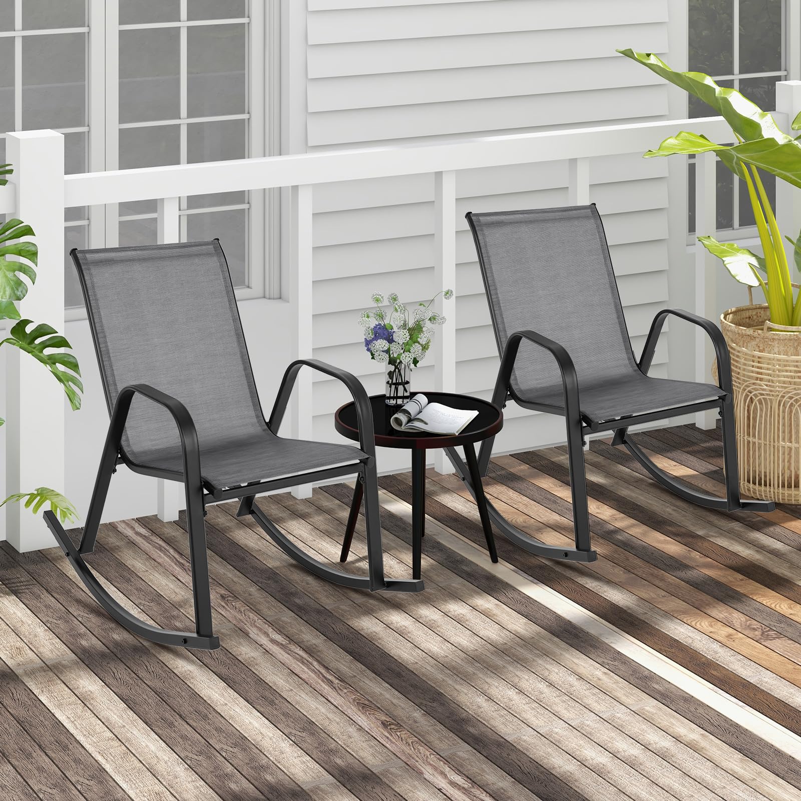 GIANTEX Juego de 2 Mecedoras para Patio, Ergonómicas para Exterior con Tela Transpirable, Sillón de Metal Resistente para Porche, Terraza, Jardín (Gris)